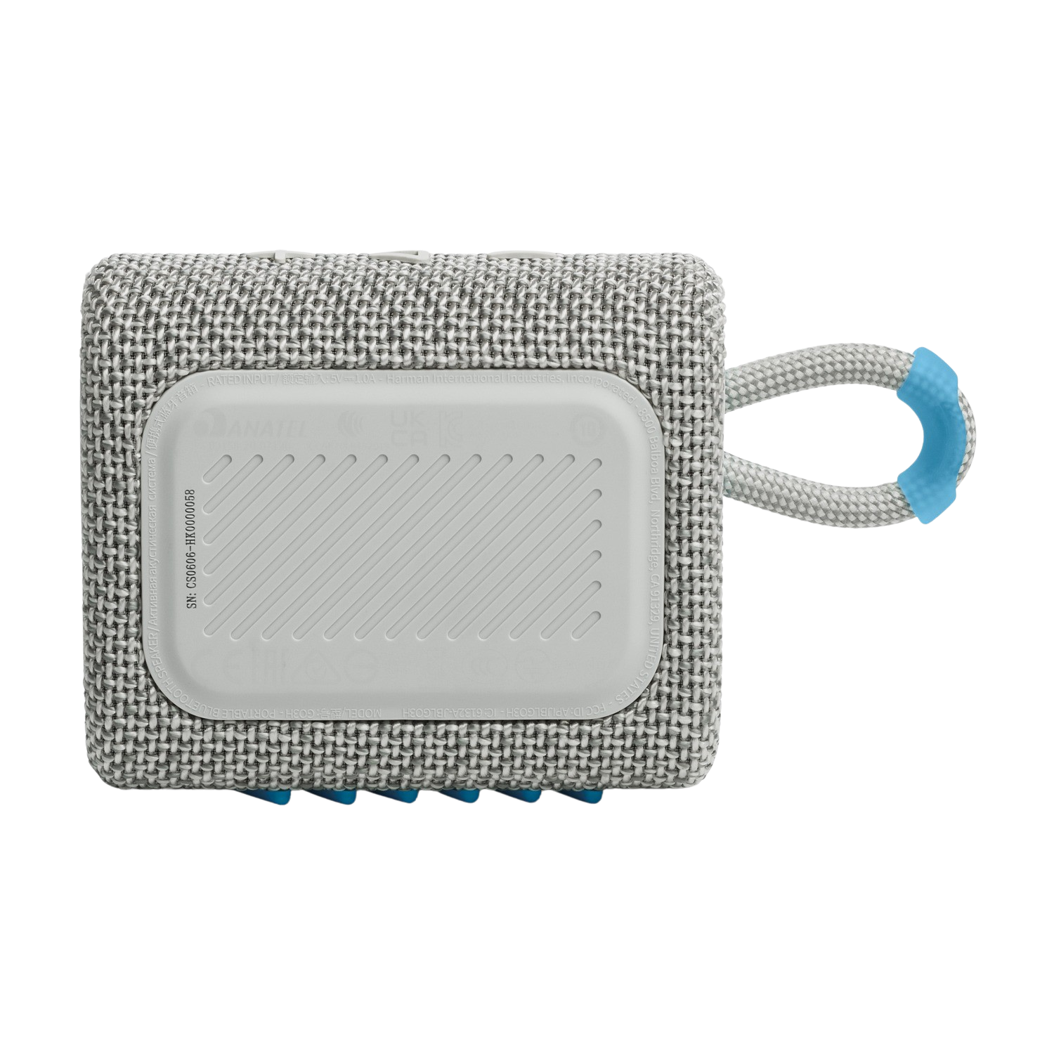 Szary i biały głośnik JBL Go 3 z paskiem do przenoszenia i białą etykietą z tyłu.