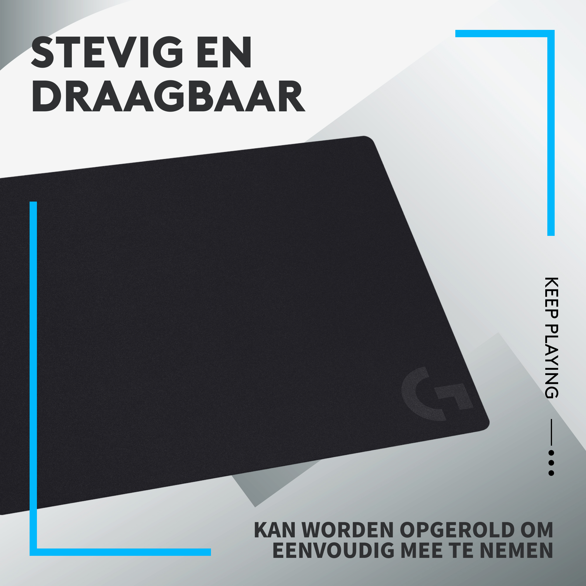 Schwarzes Mauspad mit grauem Logo und niederländischem Text: 'STEIVG EN DRAAGBAAR'. Blauer Rahmen.