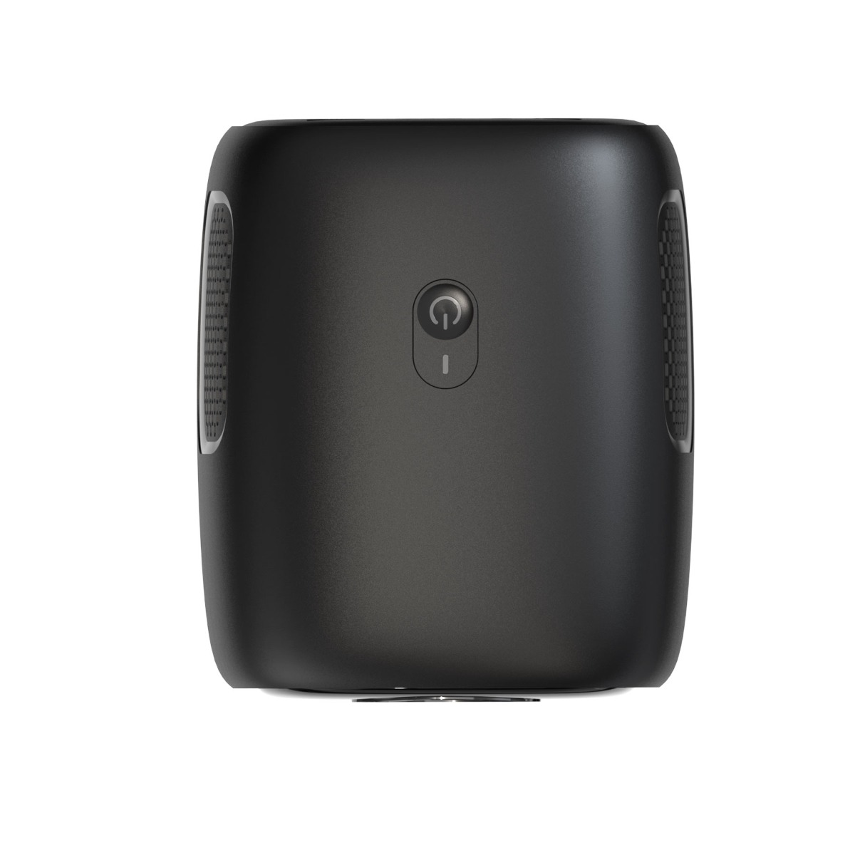Czarne, kwadratowe urządzenie z przyciskiem zasilania, prawdopodobnie głośnik lub oczyszczacz.