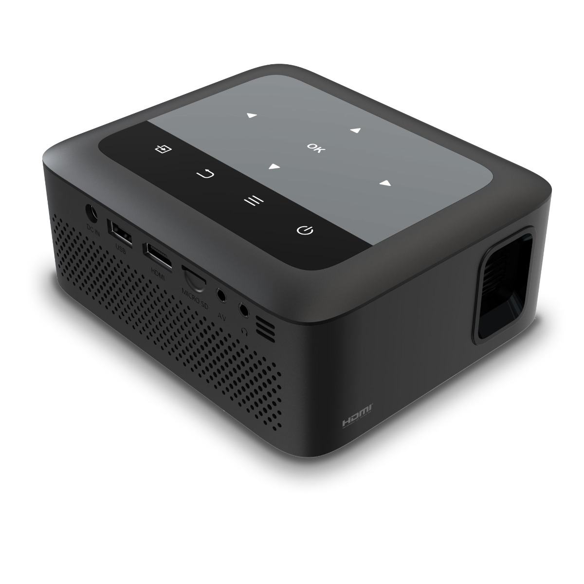 Czarny przenośny projektor z przyciskami sterowania na górze. Posiada porty HDMI, USB i Micro SD.