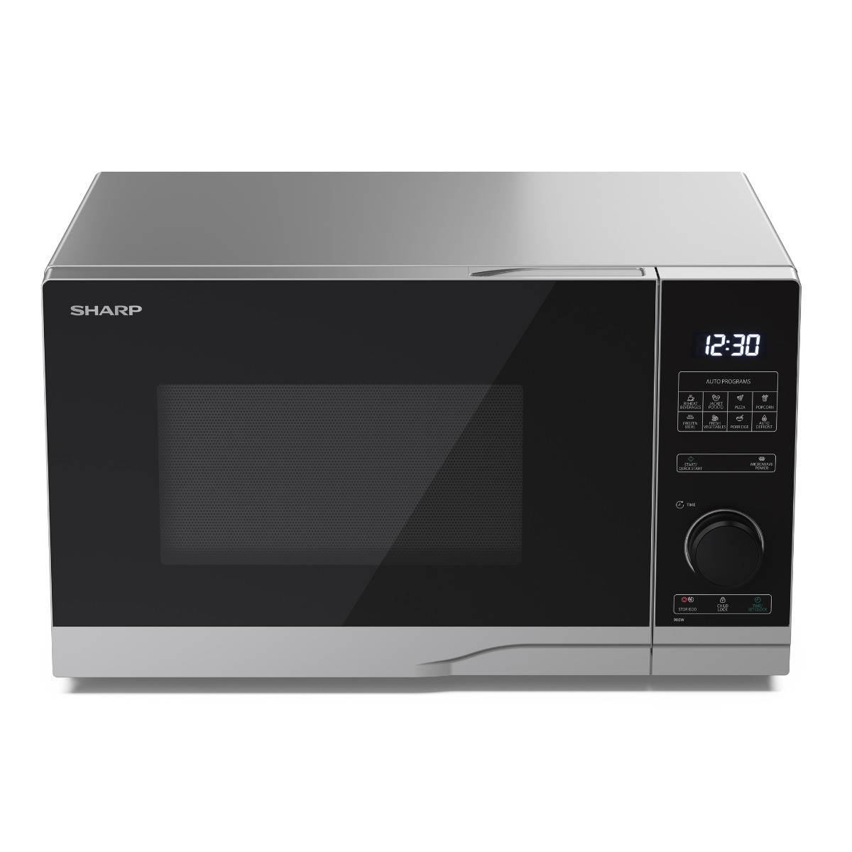 Srebrno-czarny piekarnik mikrofalowy Sharp. Ma wyświetlacz z czasem i przyciskami.