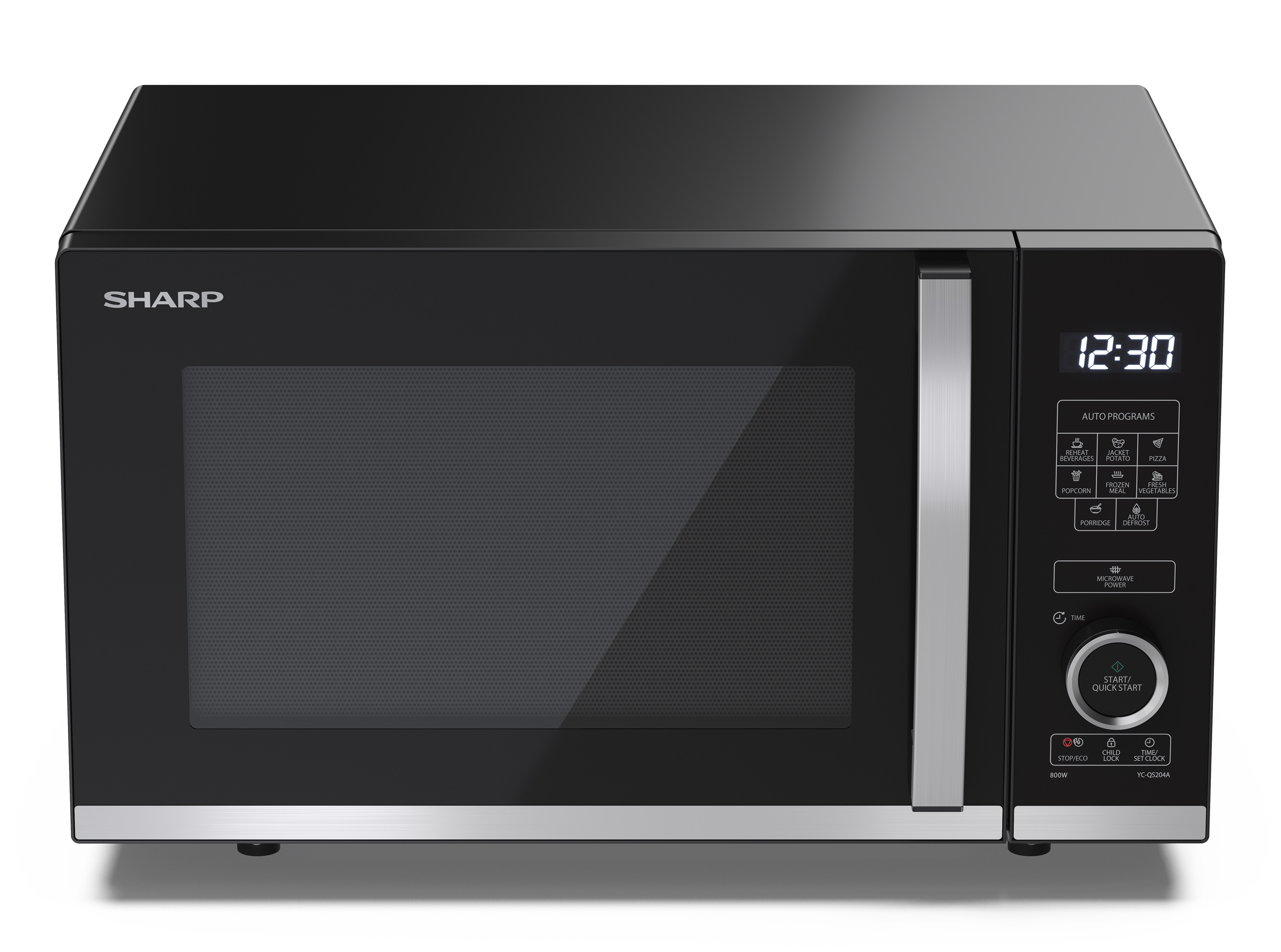 Forno a microonde nero con display digitale, che mostra 12:30, e varie icone dei programmi di cottura.