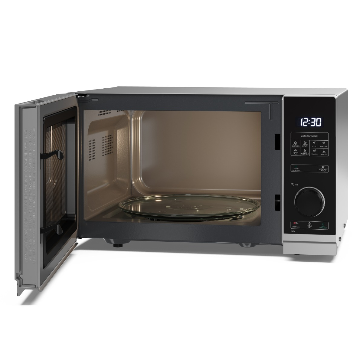 Otwarta srebrna kuchenka mikrofalowa z cyfrowym wyświetlaczem i szklanym talerzem obrotowym na białym tle.