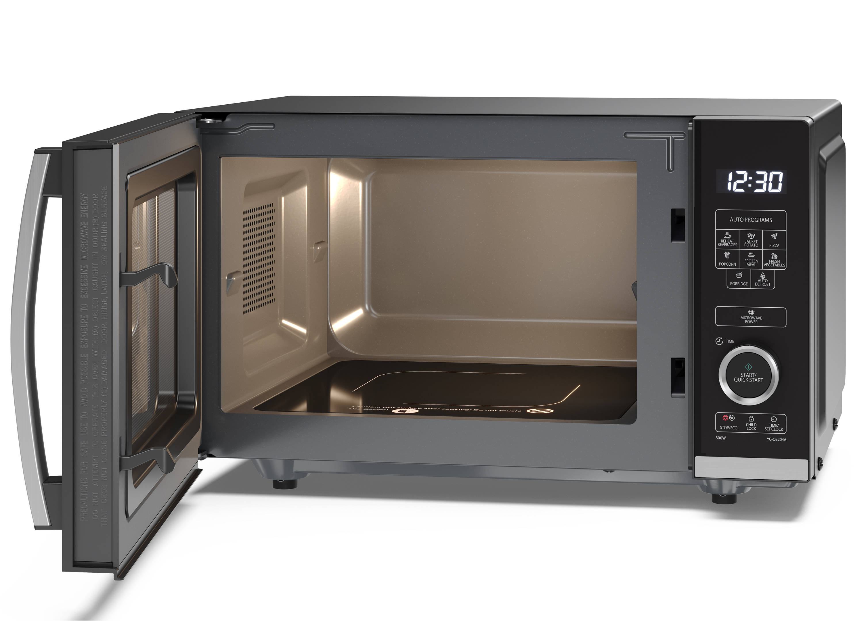 Un forno a microonde nero e argento con la porta aperta, che mostra l'interno.