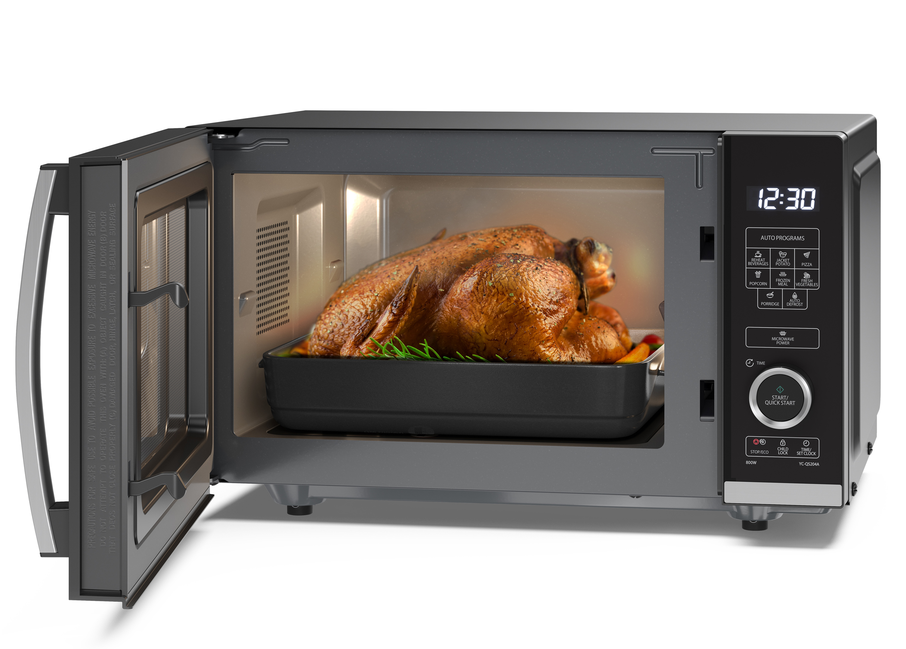 Forno a microonde con un tacchino arrosto all'interno. La porta è aperta.