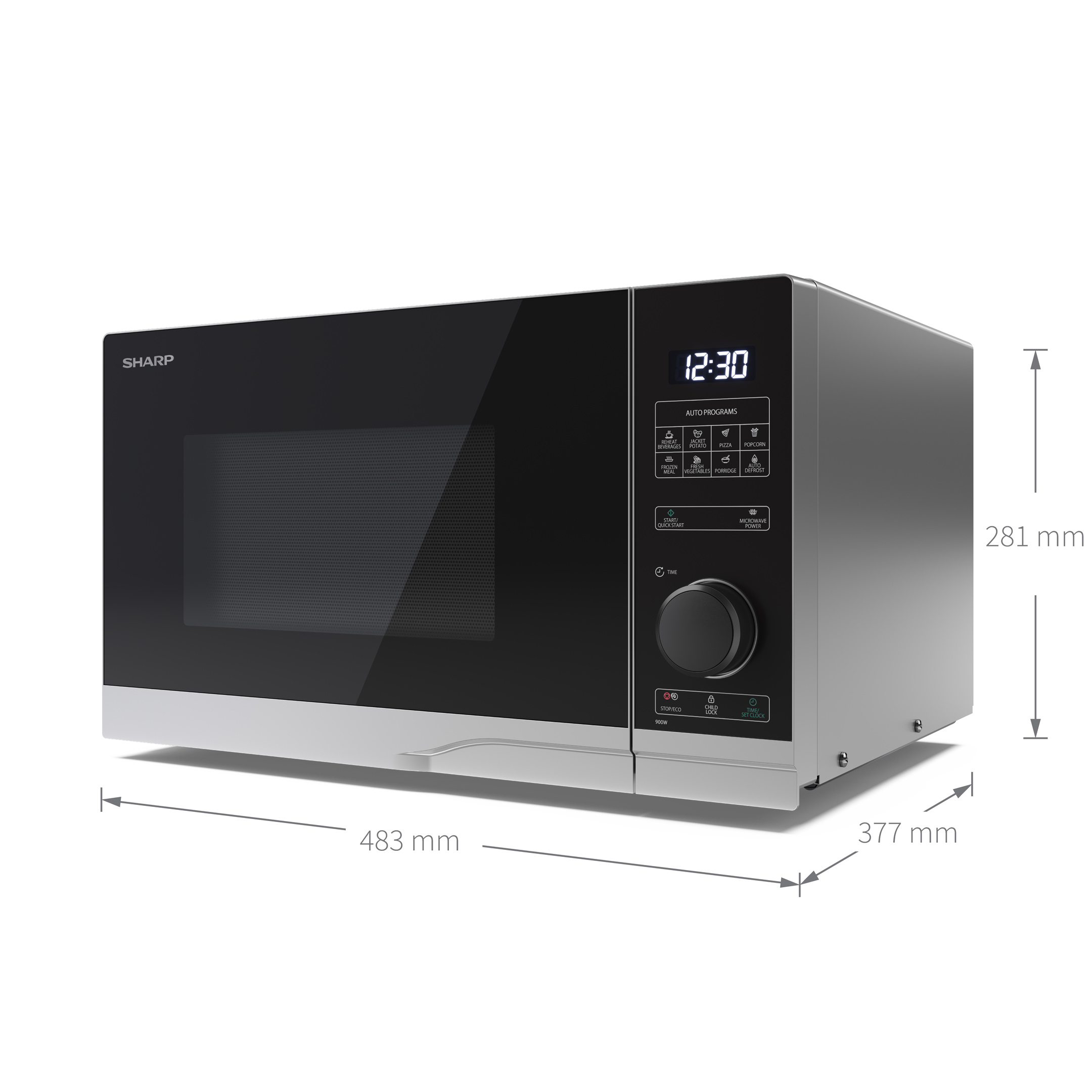 Zilveren en zwarte magnetron met afmetingen. Zwarte deur, digitaal display en bedieningspaneel.