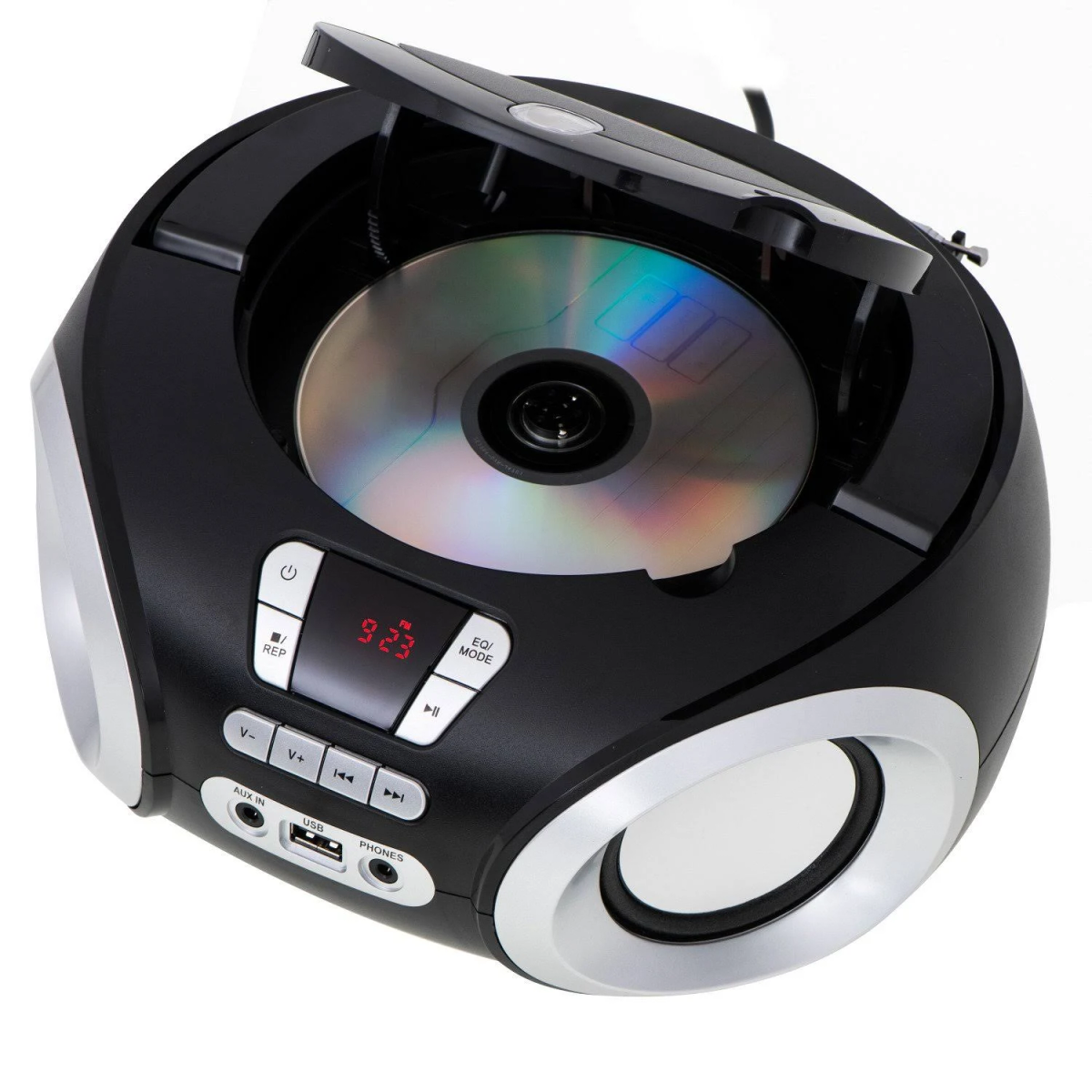 Ein schwarzer CD-Player mit silbernen Akzenten. Eine CD befindet sich im Player. Das Display zeigt die Zeit an.