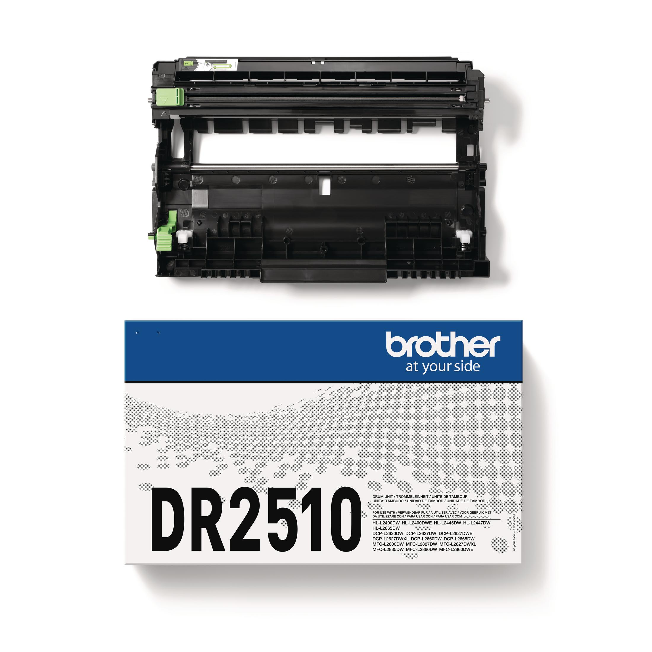 Schwarze Trommeleinheit mit weißer Box. Die Box hat das Brother-Logo und das Modell DR2510.