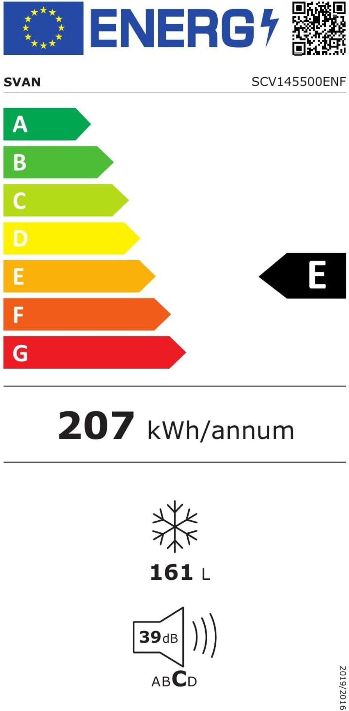 Etiqueta energética de un refrigerador. Clase E, 207 kWh/año.