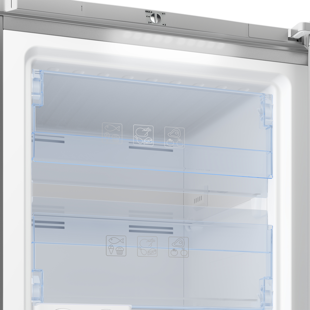 Interior de un congelador con cajones transparentes, mostrando compartimentos de almacenamiento.
