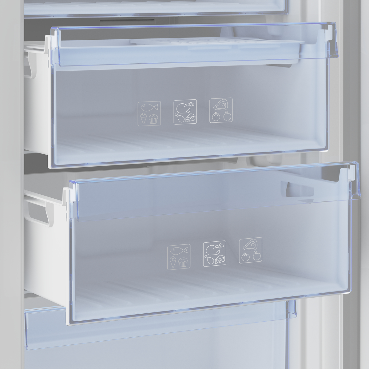 Interior de refrigerador con dos cajones transparentes, que muestran iconos para el almacenamiento de alimentos, con un fondo blanco.
