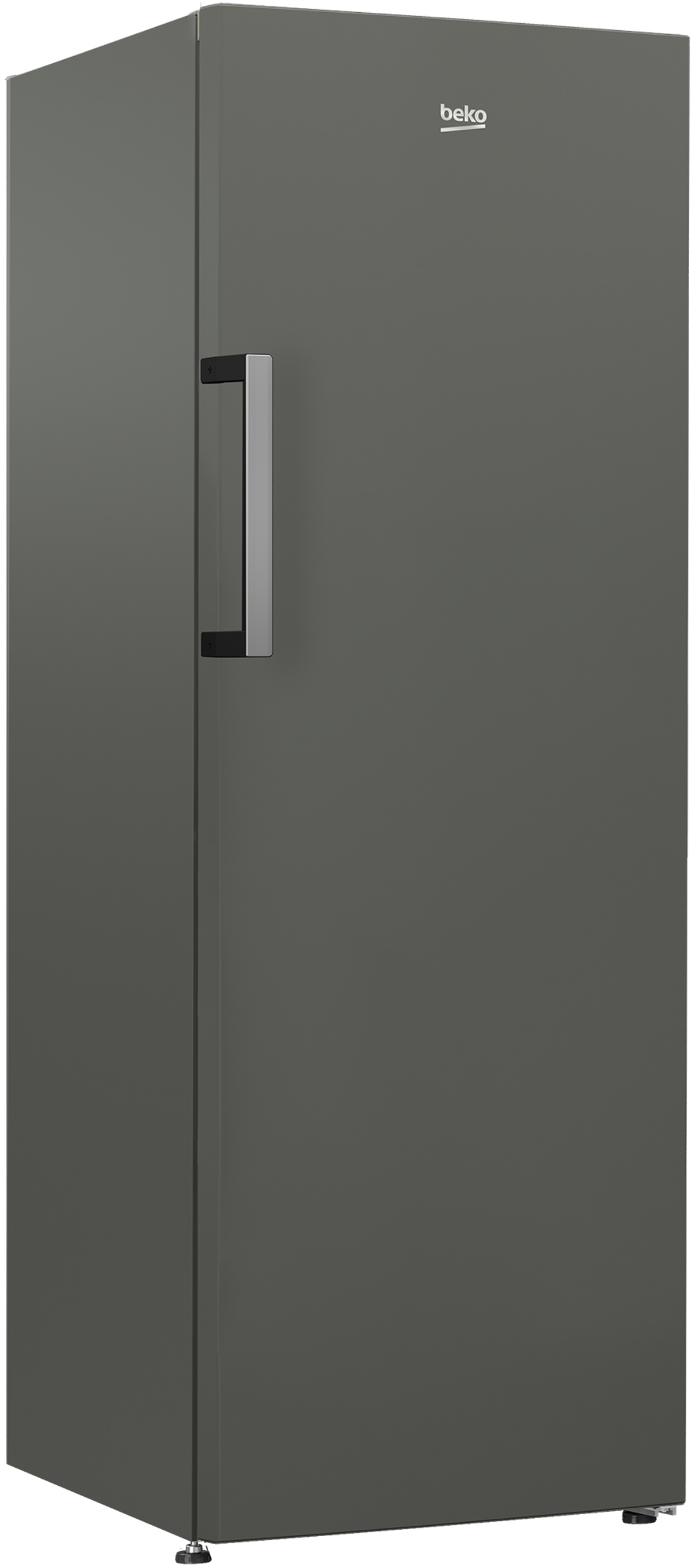 Un refrigerador gris Beko con un asa lateral, sobre un fondo blanco.