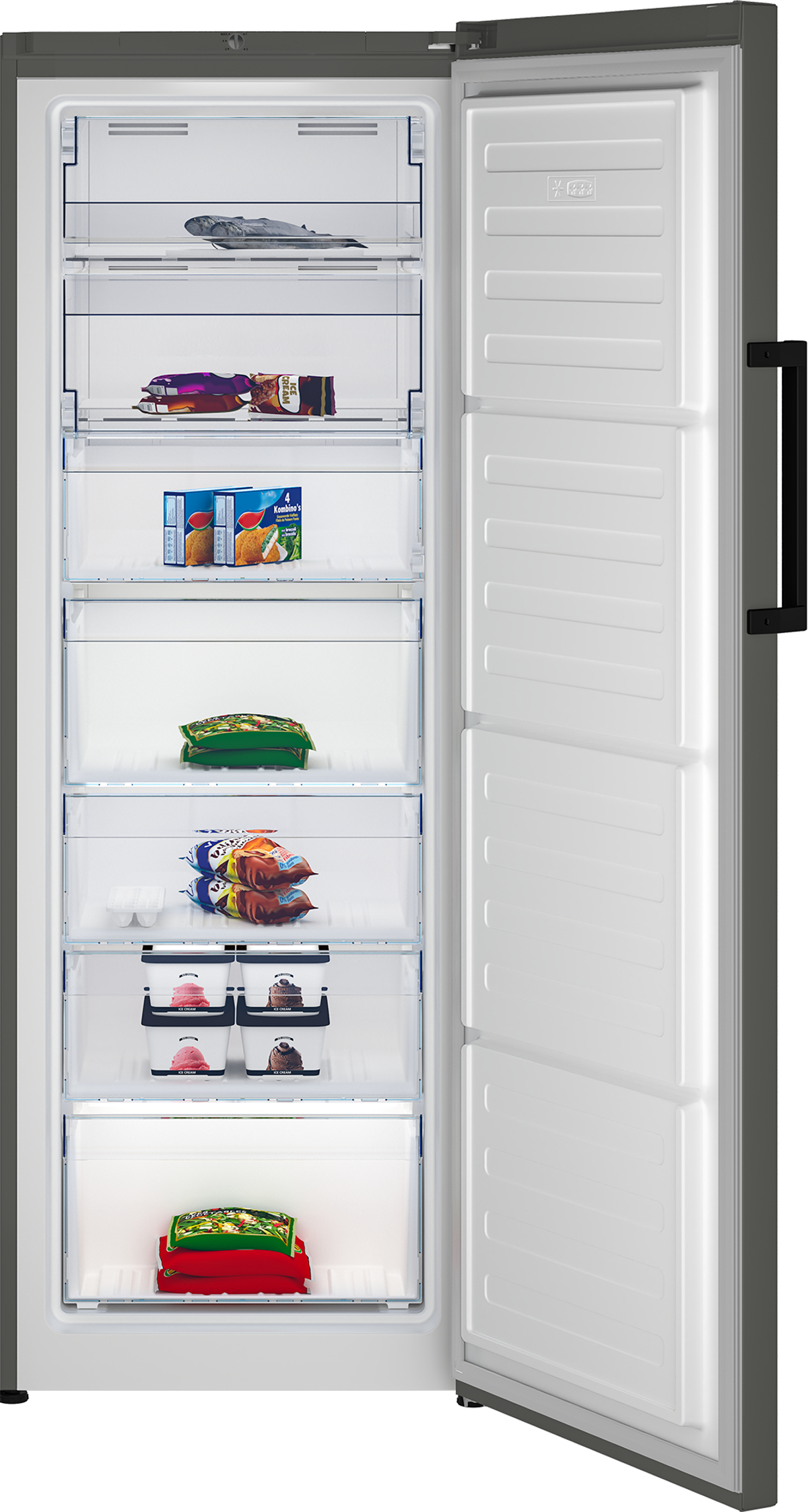 Interior del congelador con la puerta abierta, mostrando estantes con alimentos como pescado, comidas congeladas y helado.