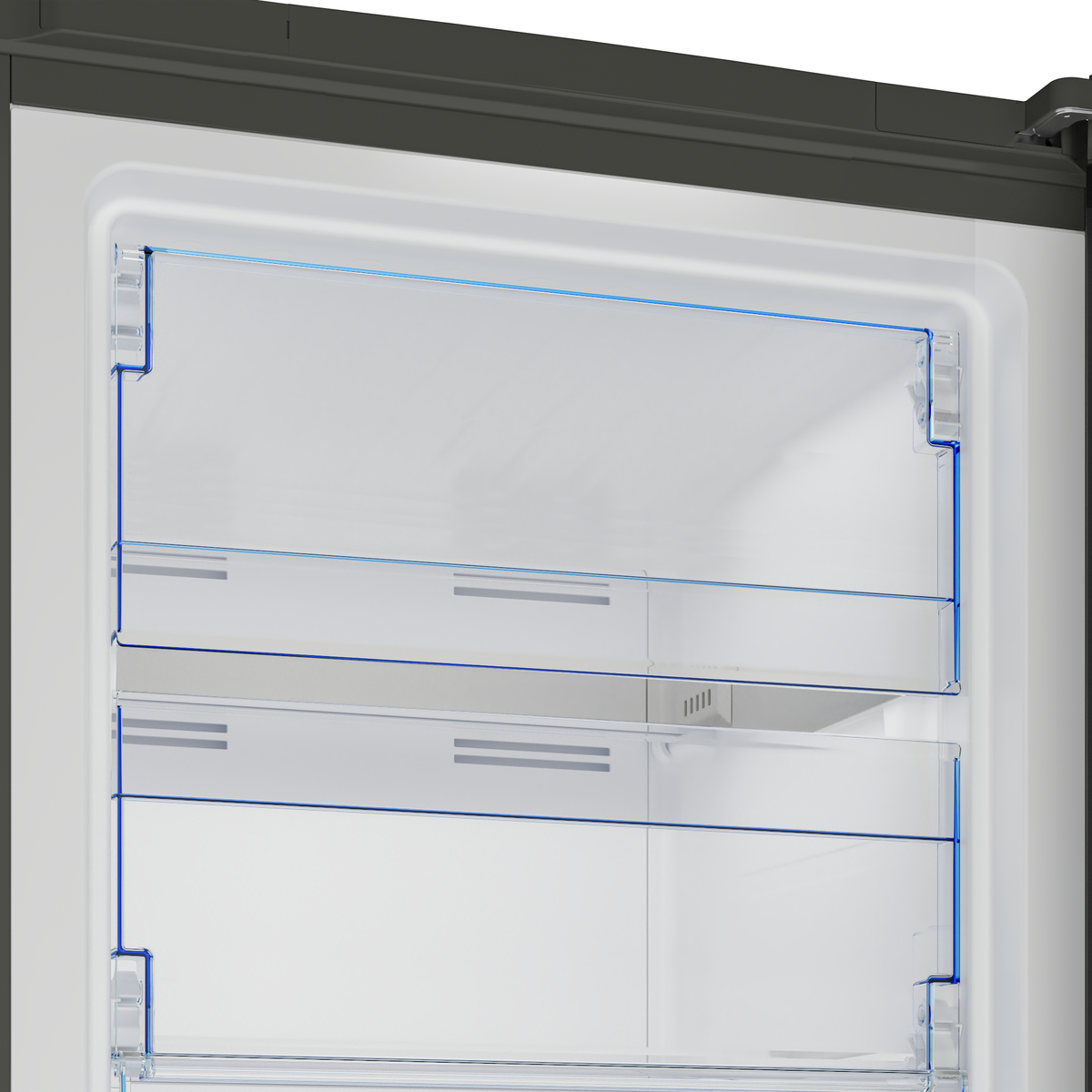 Interior del refrigerador con estantes. Estantes transparentes.
