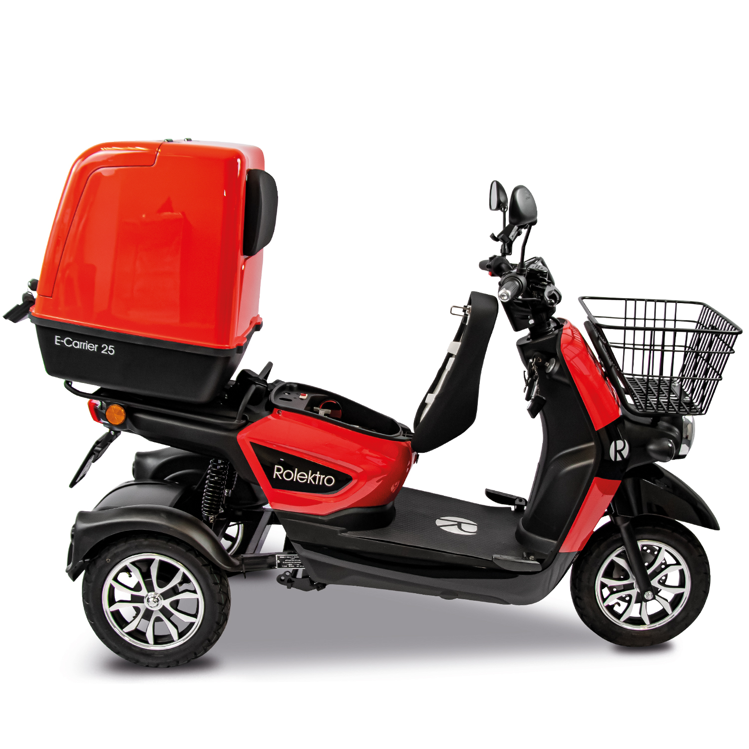 Roter Rolektro E-Carrier 25 Roller. Hat eine Transportbox, einen Korb und drei Räder.