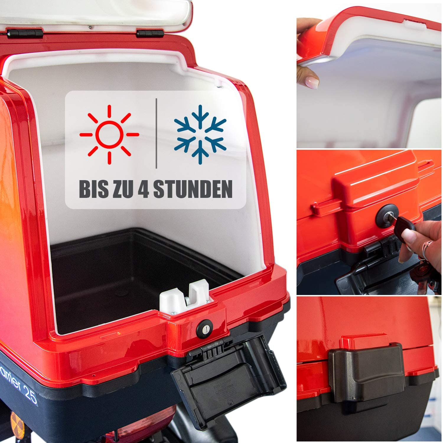 Rote und schwarze Box mit weißem Innenraum. Text: 'Bis zu 4 Stunden' mit Sonne- und Schneeflocken.