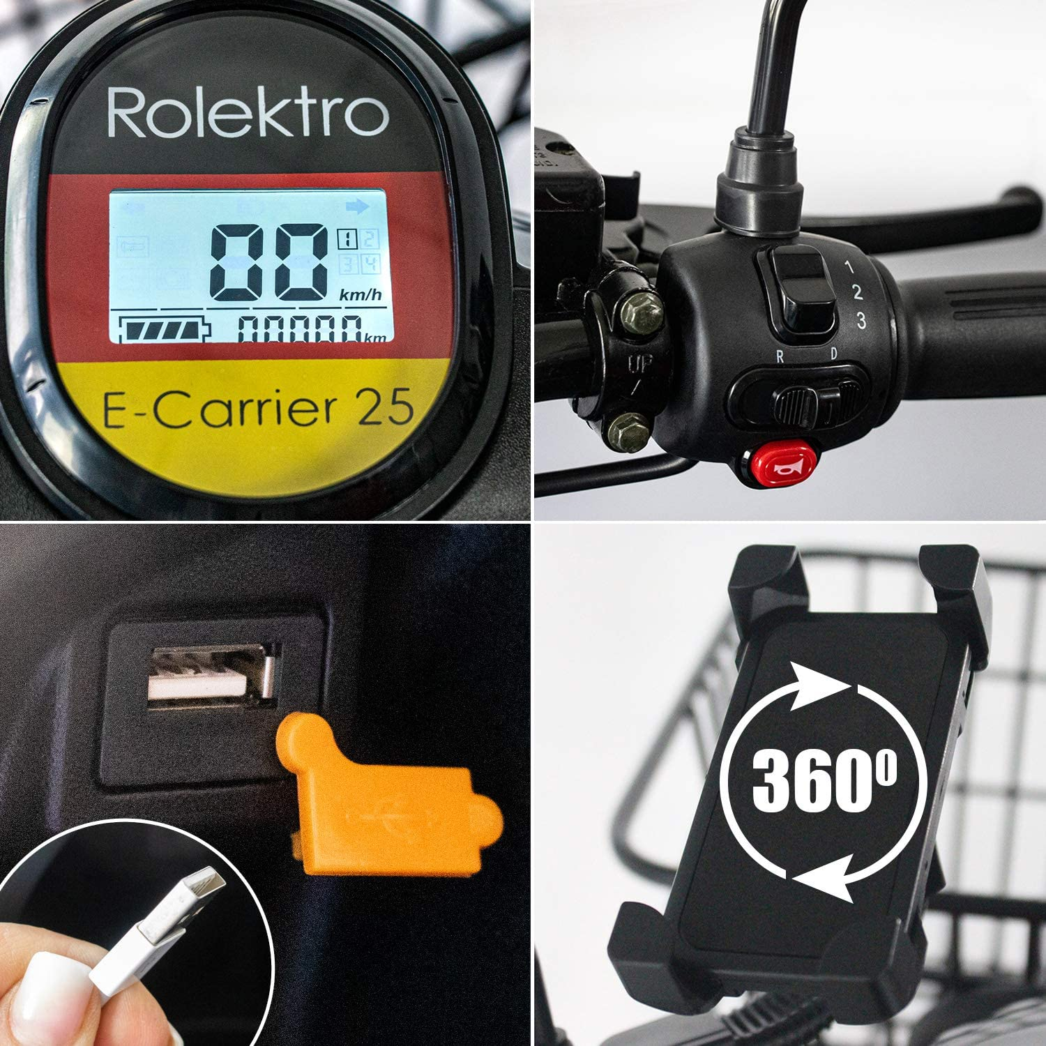 Vier Bilder: Rolleranzeige, Lenkerbedienelemente, USB-Anschluss und Telefonhalter.
