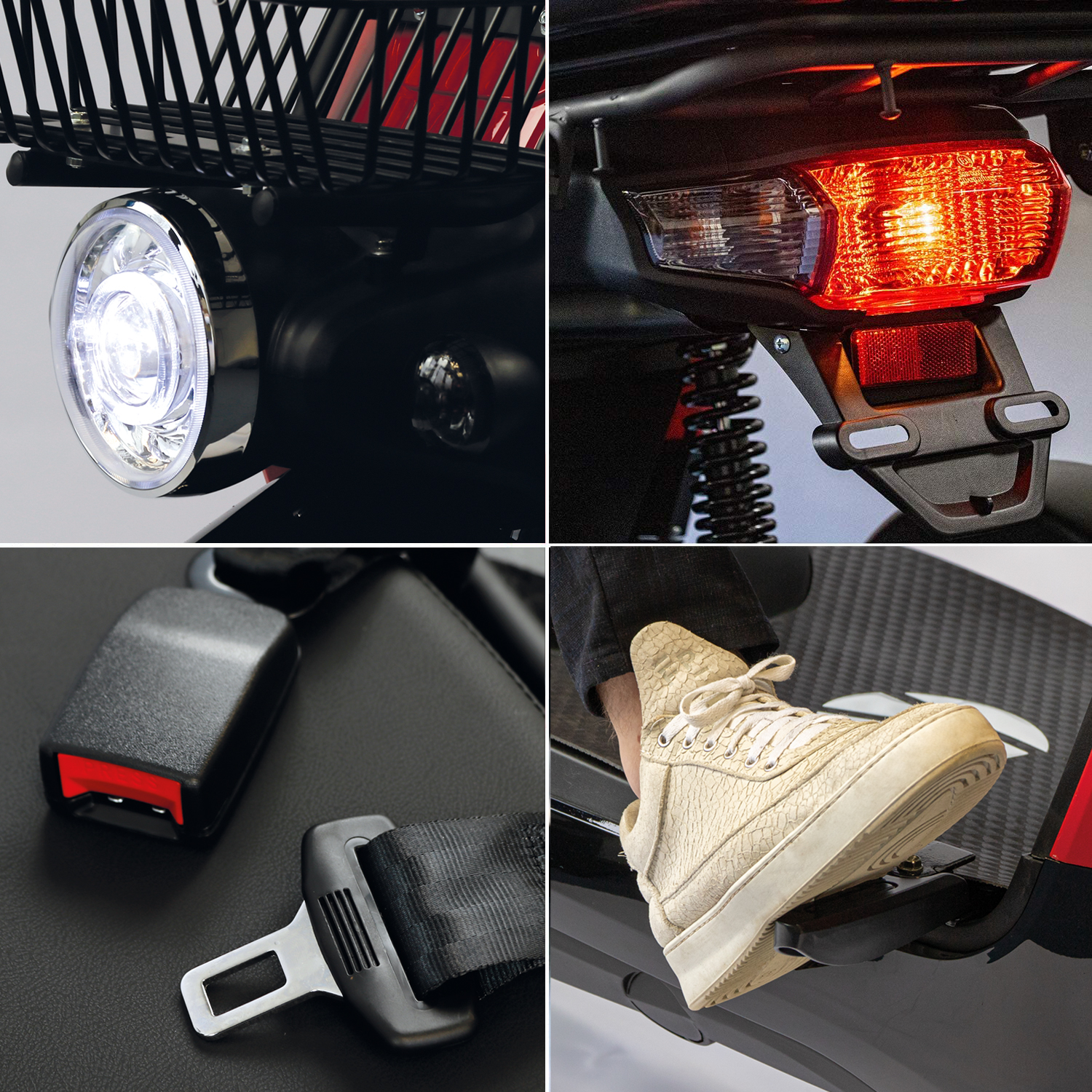 Eine Collage von Fahrradteilen: Scheinwerfer, Rücklicht, Sicherheitsgurt und Fuß auf Pedal.