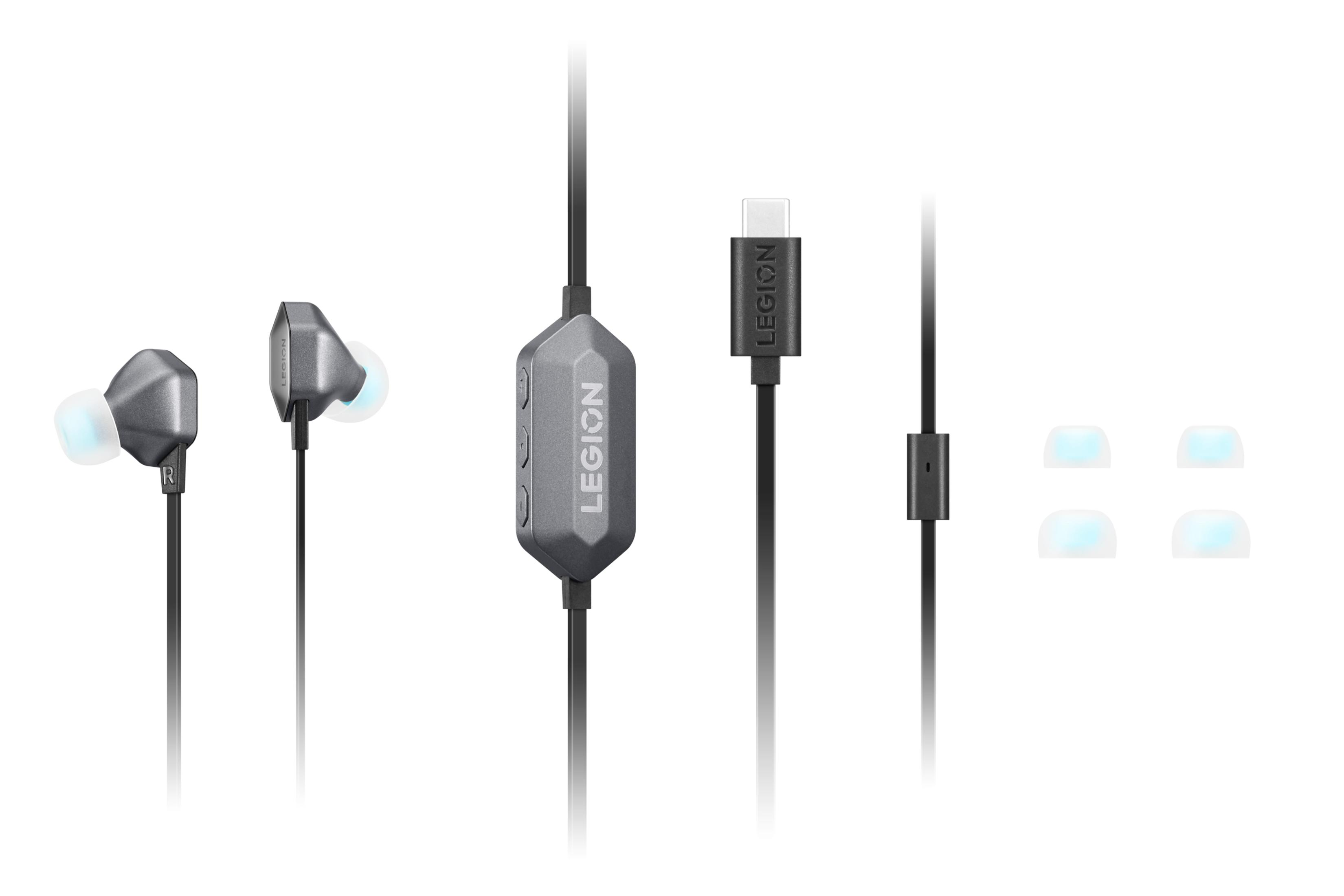 In-Ear-Kopfhörer mit grauer Steuereinheit und USB-C-Anschluss.