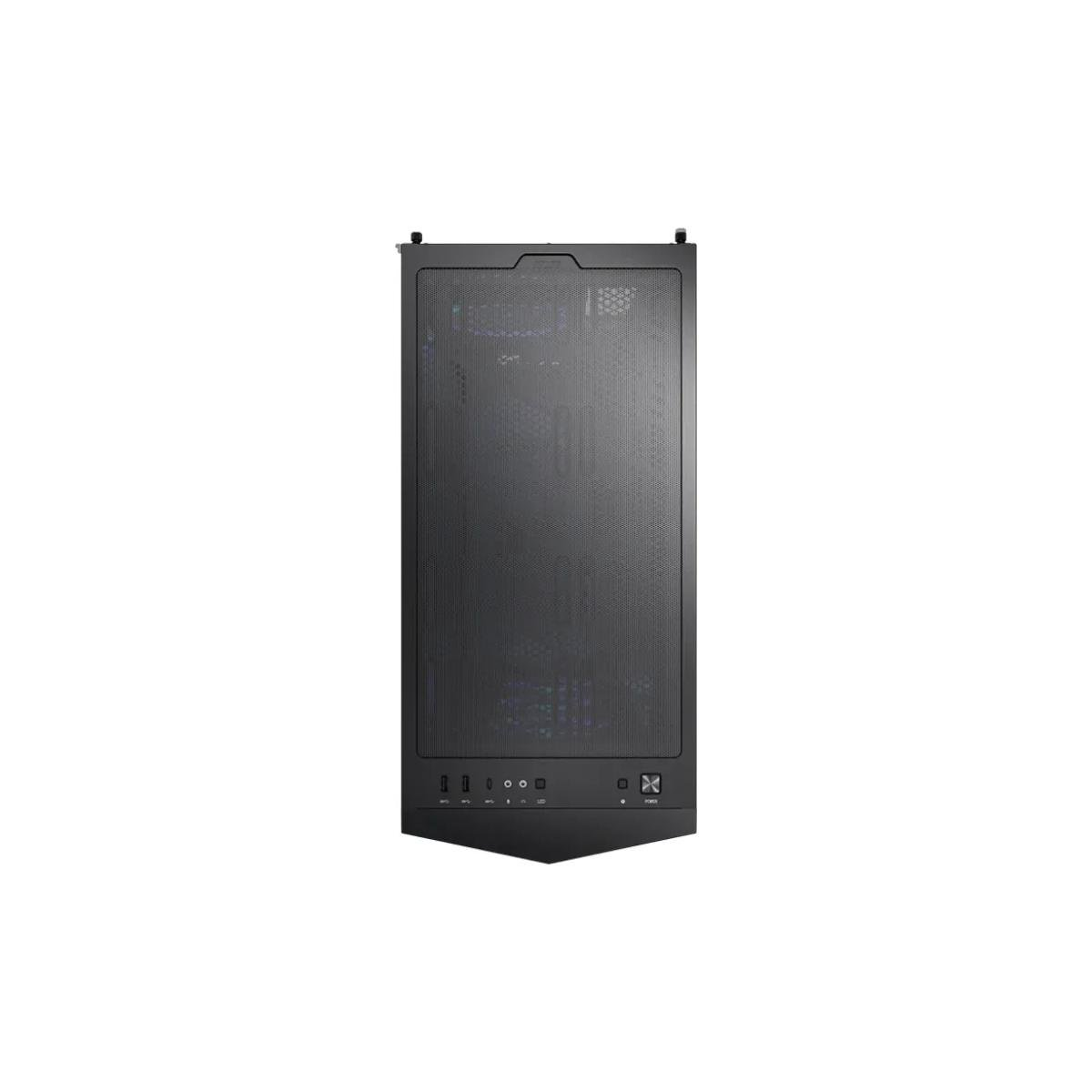 Eine schwarze Computergehäusefront mit Mesh-Design, Ein- und Aus-Schaltern und USB-Anschlüssen.