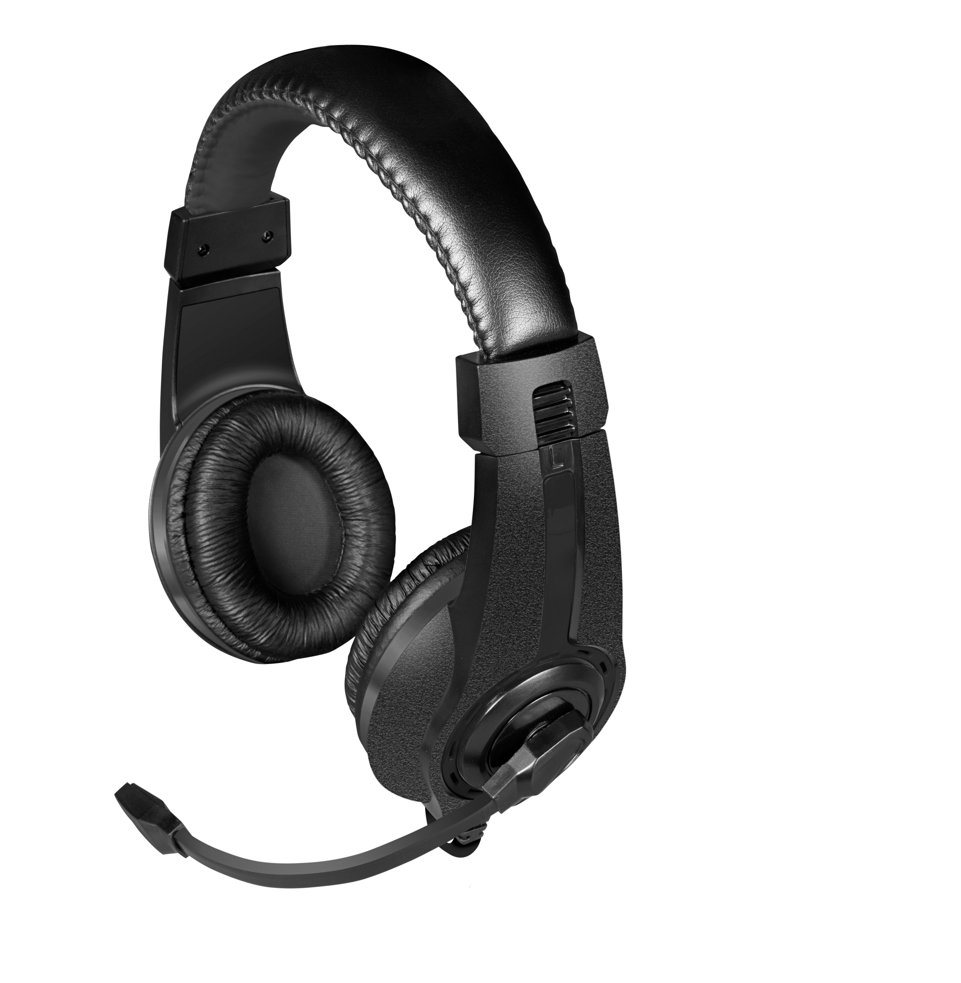 A black headset with a microphone. White background.