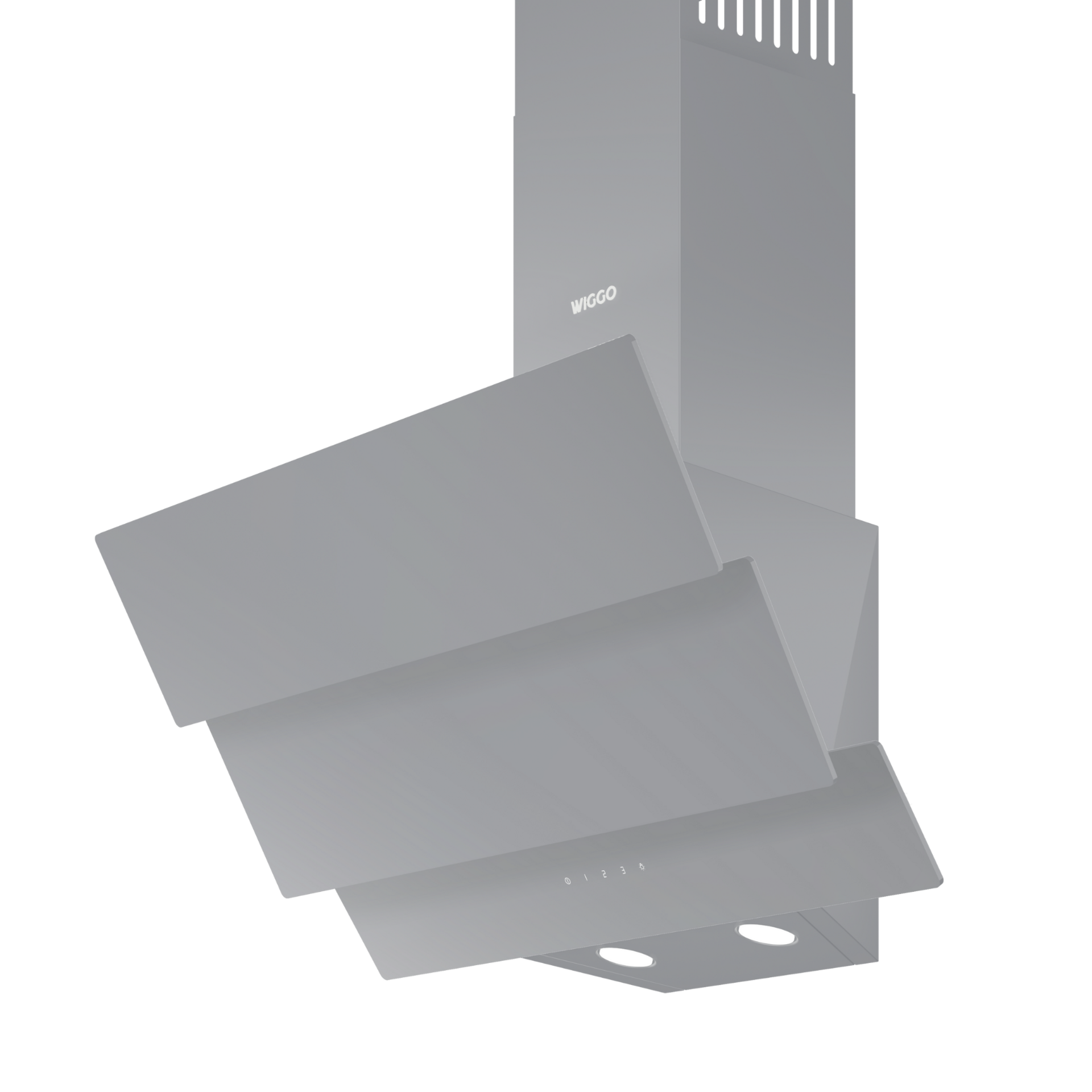 Gray range hood with three angled panels, two lights, and the brand name 'Wiggo' on a white background.