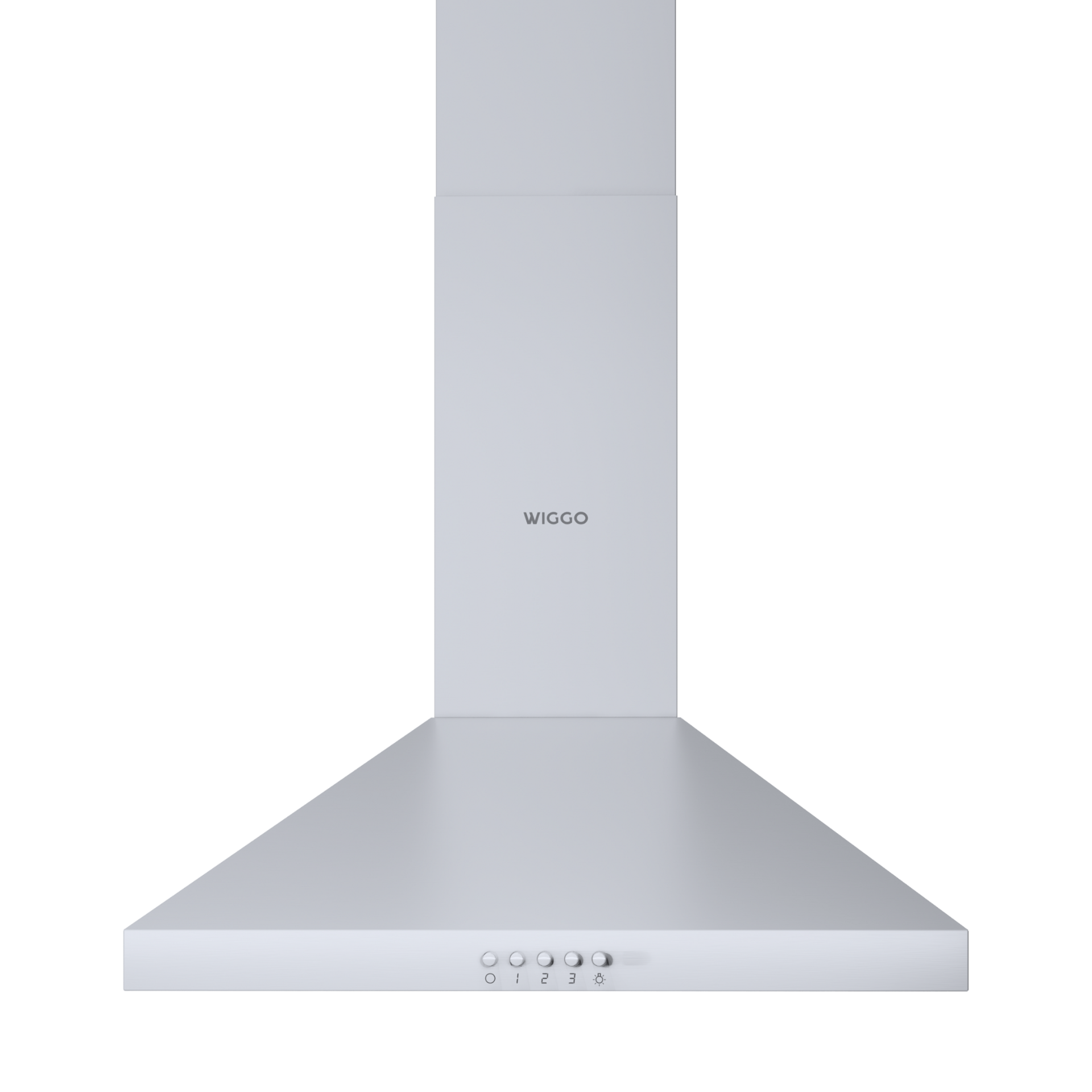 Silver range hood with the brand name "Wiggo" and control buttons on a white background.