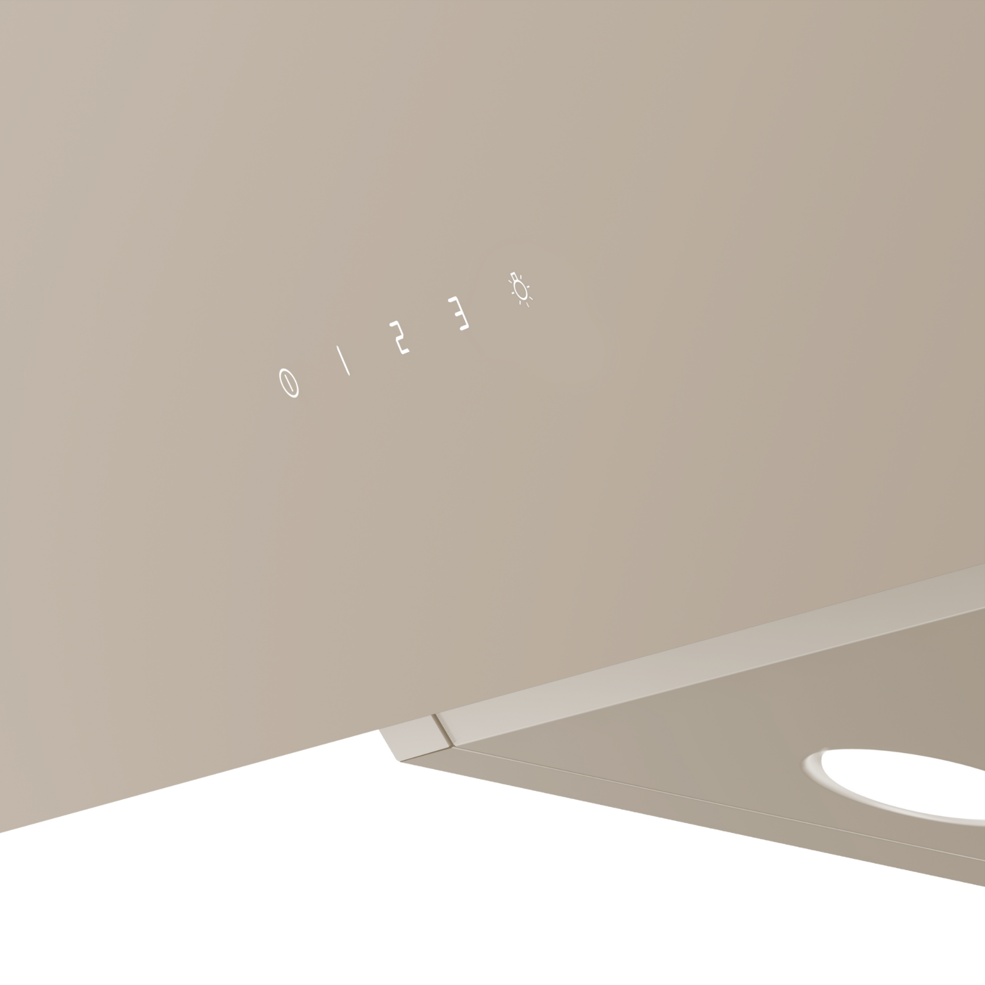 Gros plan sur le panneau de commande d'une hotte beige avec des chiffres et des icônes éclairés.