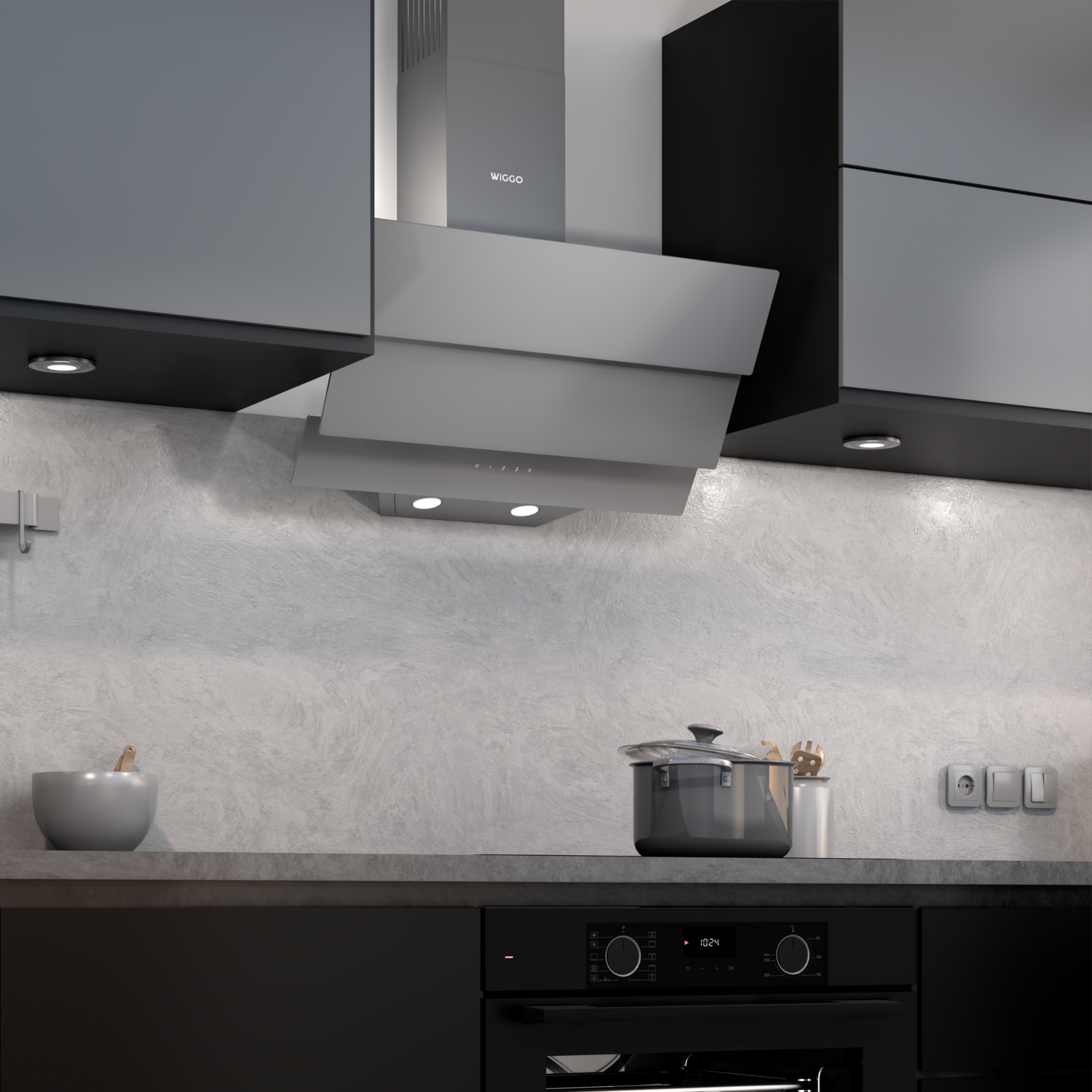 Modern kitchen with a grey and black hood over a stove, and cabinets. A pot, bowl, and oven are visible.