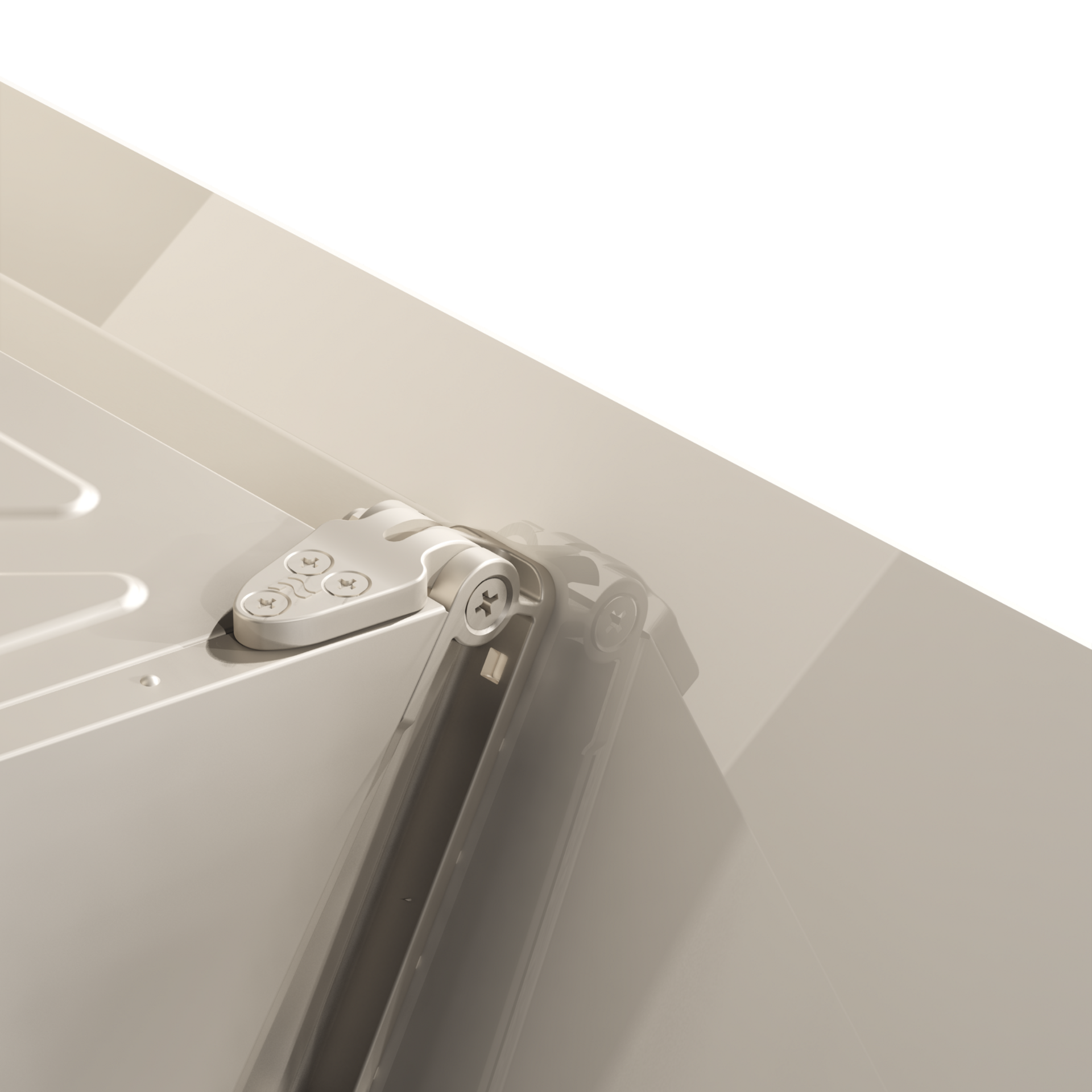 Close-up van een witte metalen scharnier op een wit oppervlak.