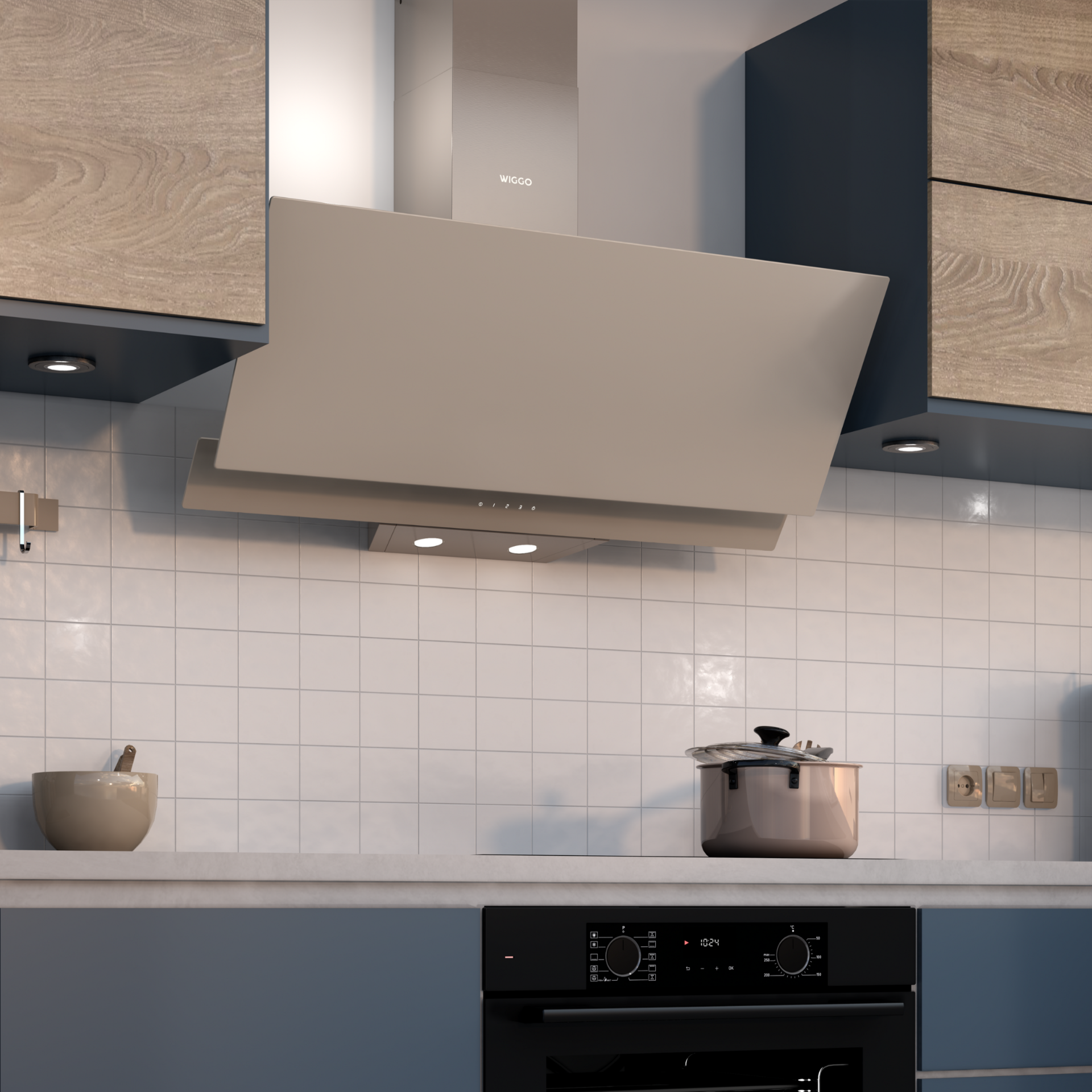 Een beige afzuigkap boven een keuken. De keuken heeft kasten en een fornuis.