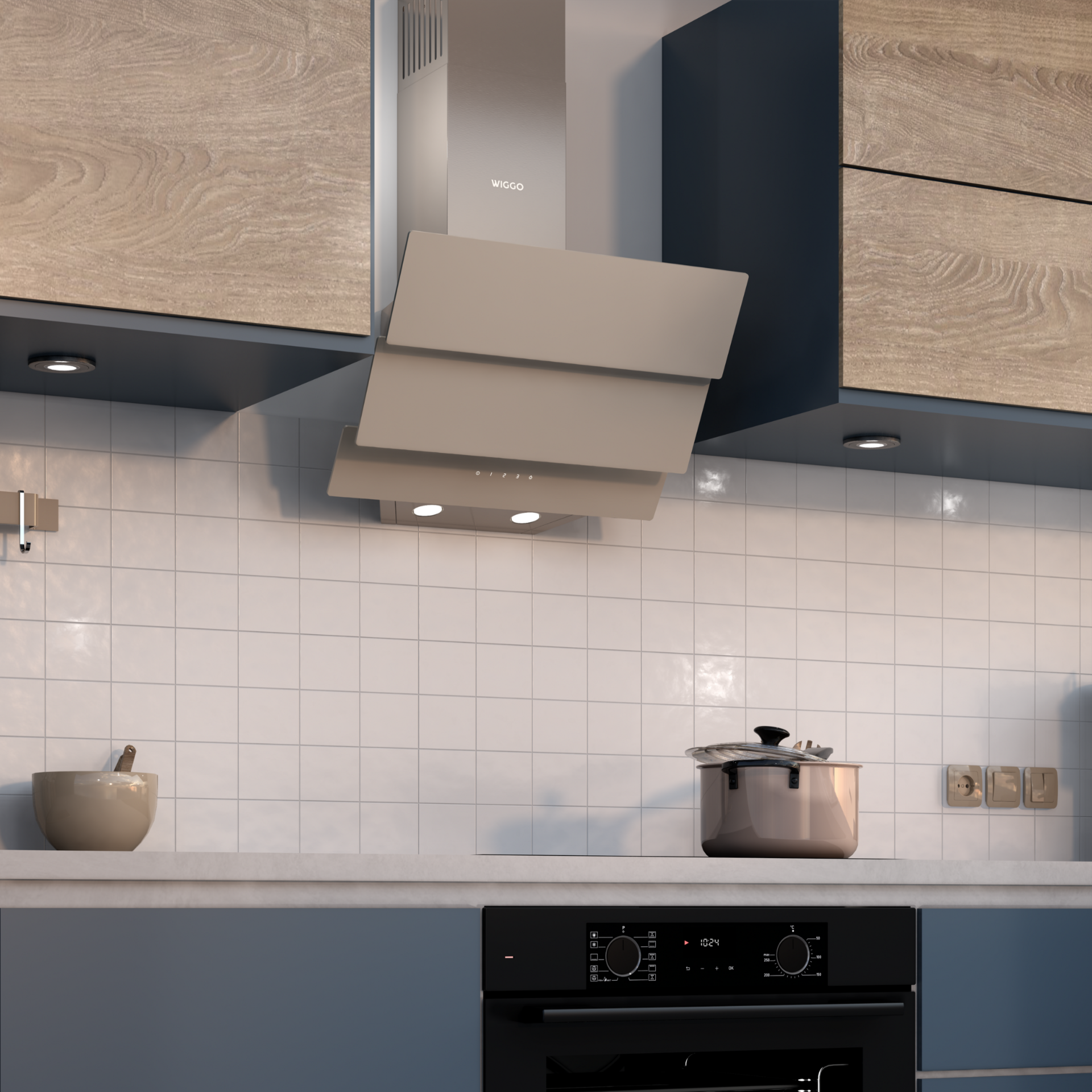 Une scène de cuisine moderne avec une hotte et un four. Des carreaux blancs et des placards bleus sont visibles.