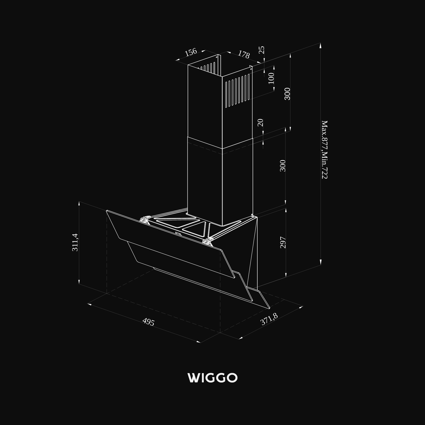 Technische tekening van een WIGGO afzuigkap met afmetingen en maten.