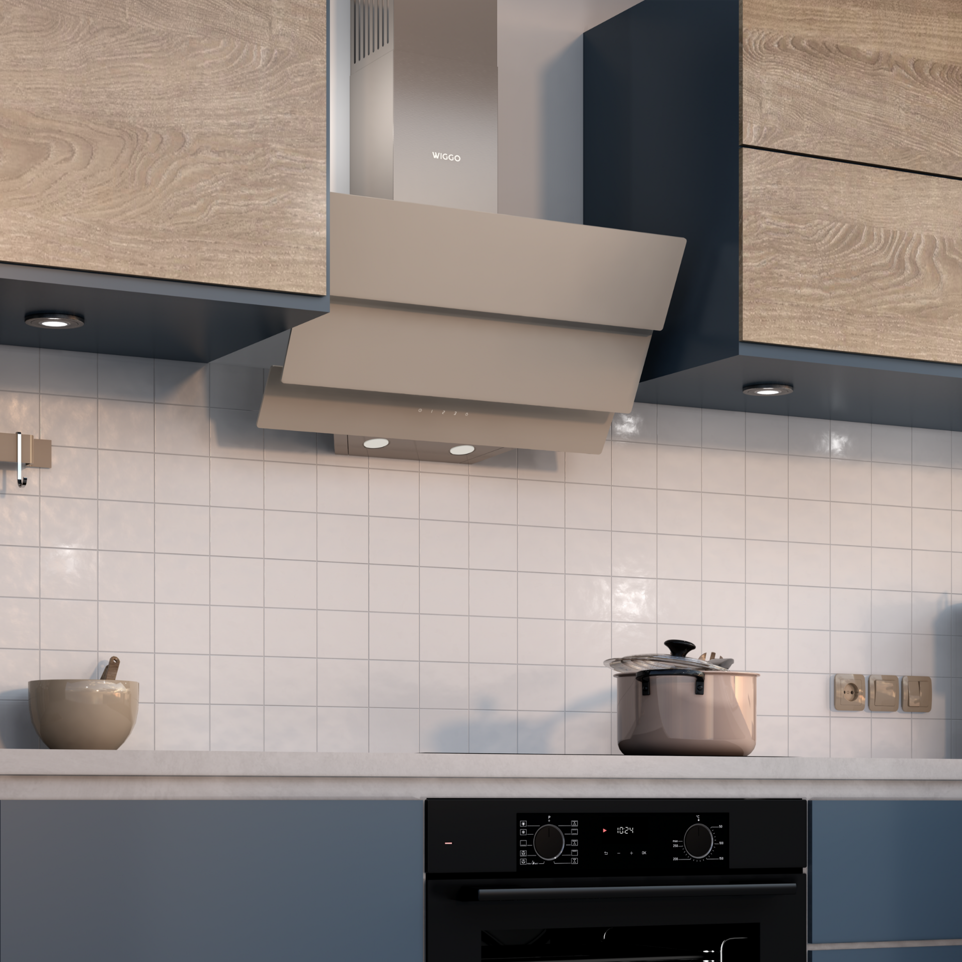 Cuisine avec hotte "Wiggo", cuisinière, casserole et décoration sur mur blanc et socle bleu.