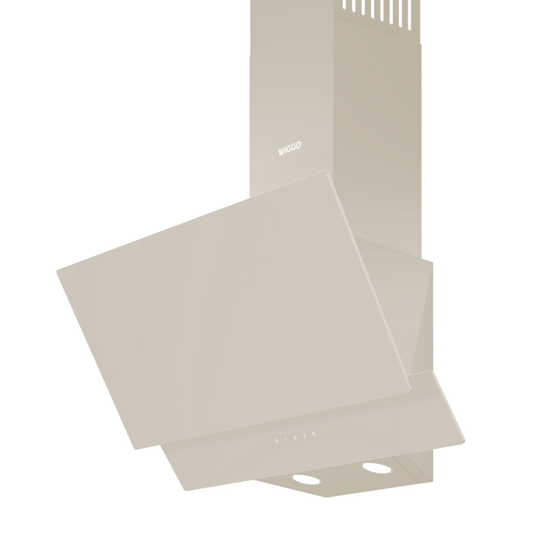 Hotte de cuisine WIGGO beige sur fond blanc. Vue en angle, avec lumières et panneau de commande visibles en bas.