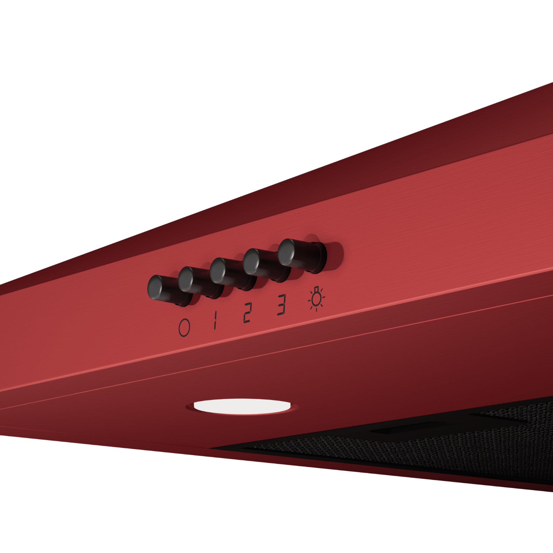 Panneau de commande rouge de hotte avec cinq boutons noirs et icônes lumineuses. Fond blanc.
