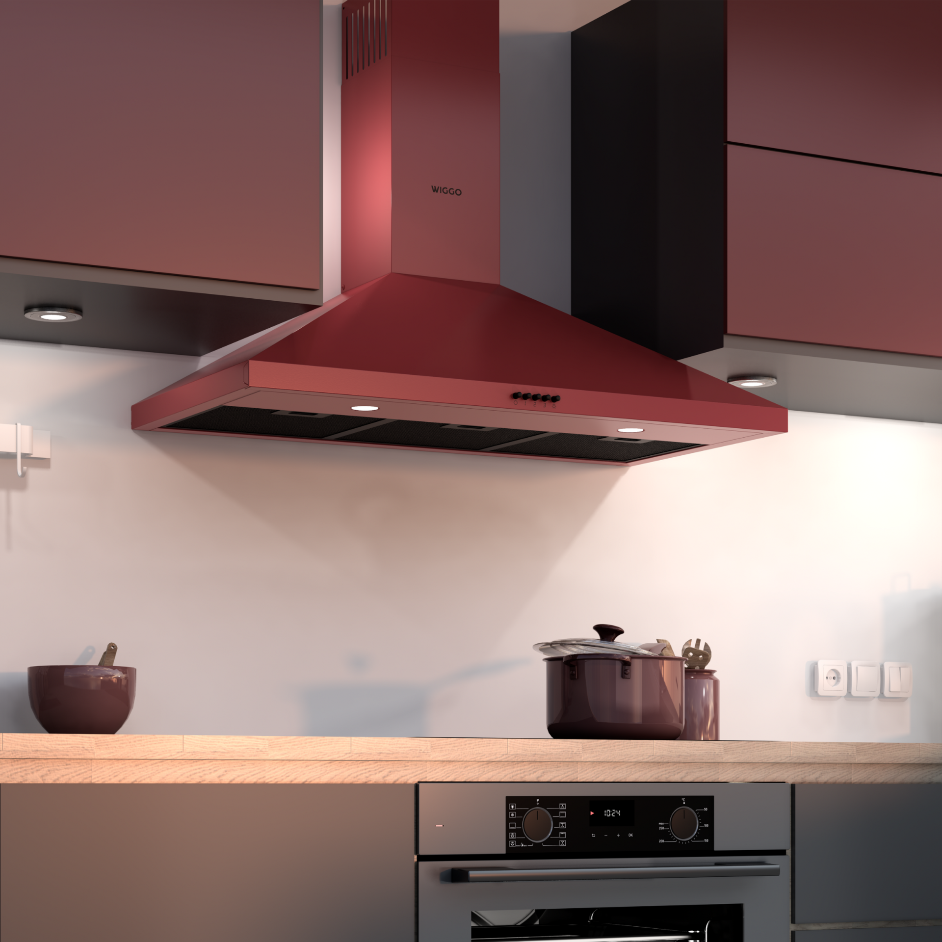 Keuken met rode afzuigkap "Wiggo", potten en een pan op houten aanrecht.
