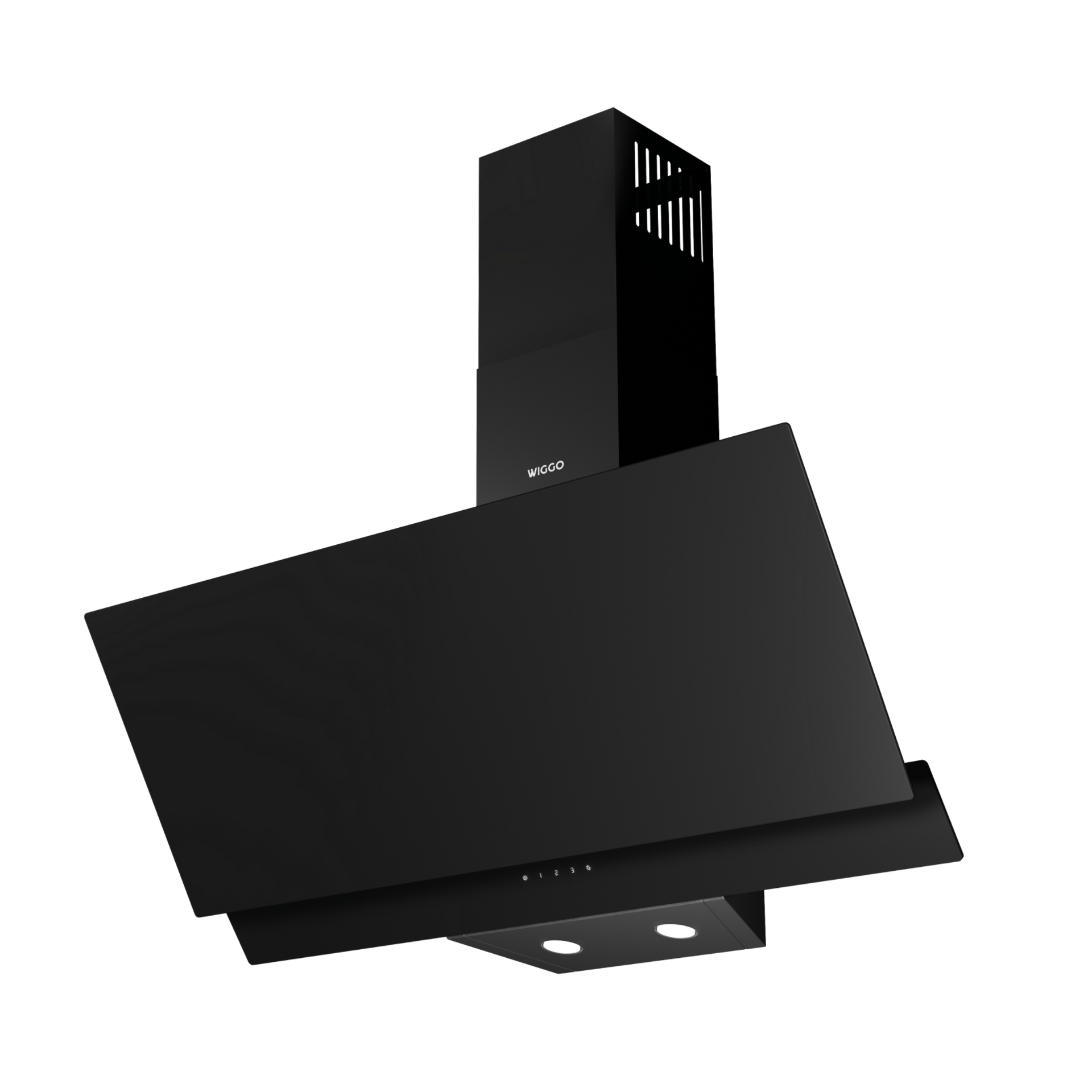 Zwarte afzuigkap met schuine panelen, lampen en de merknaam 'Wiggo' op een witte achtergrond.