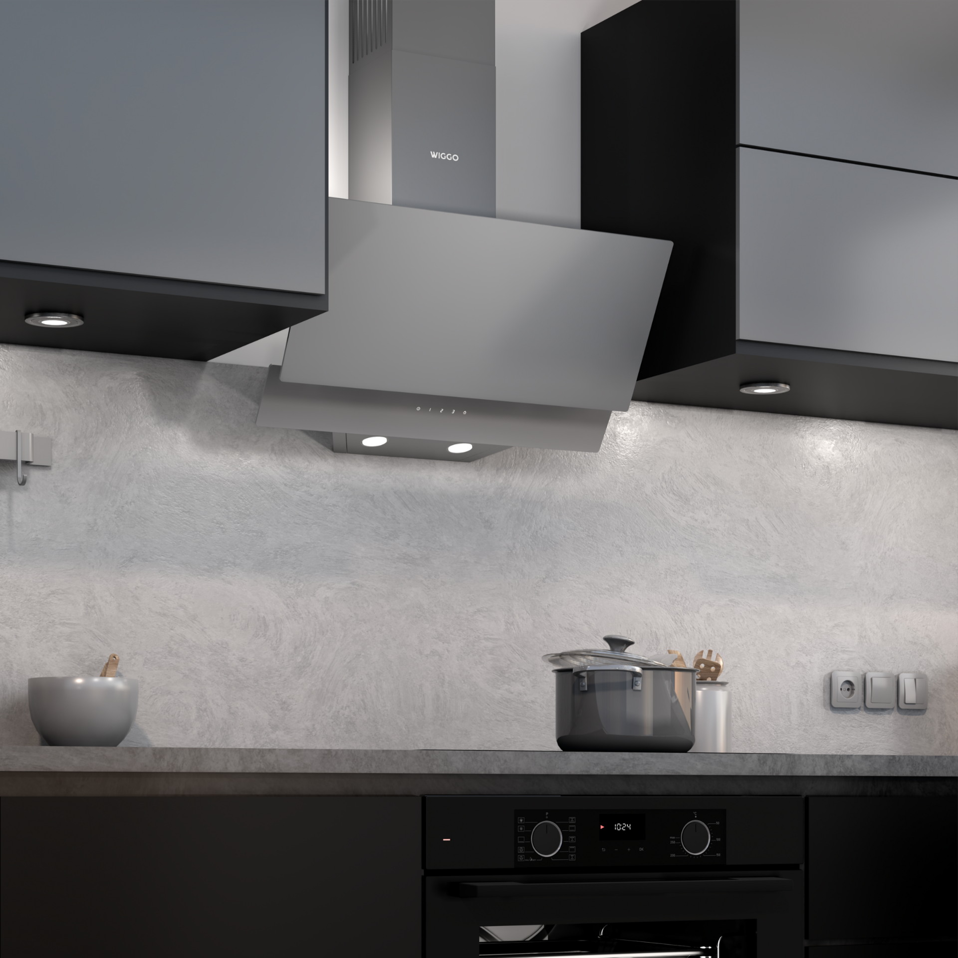 Keuken met een grijze afzuigkap, een pan en een houten aanrecht.