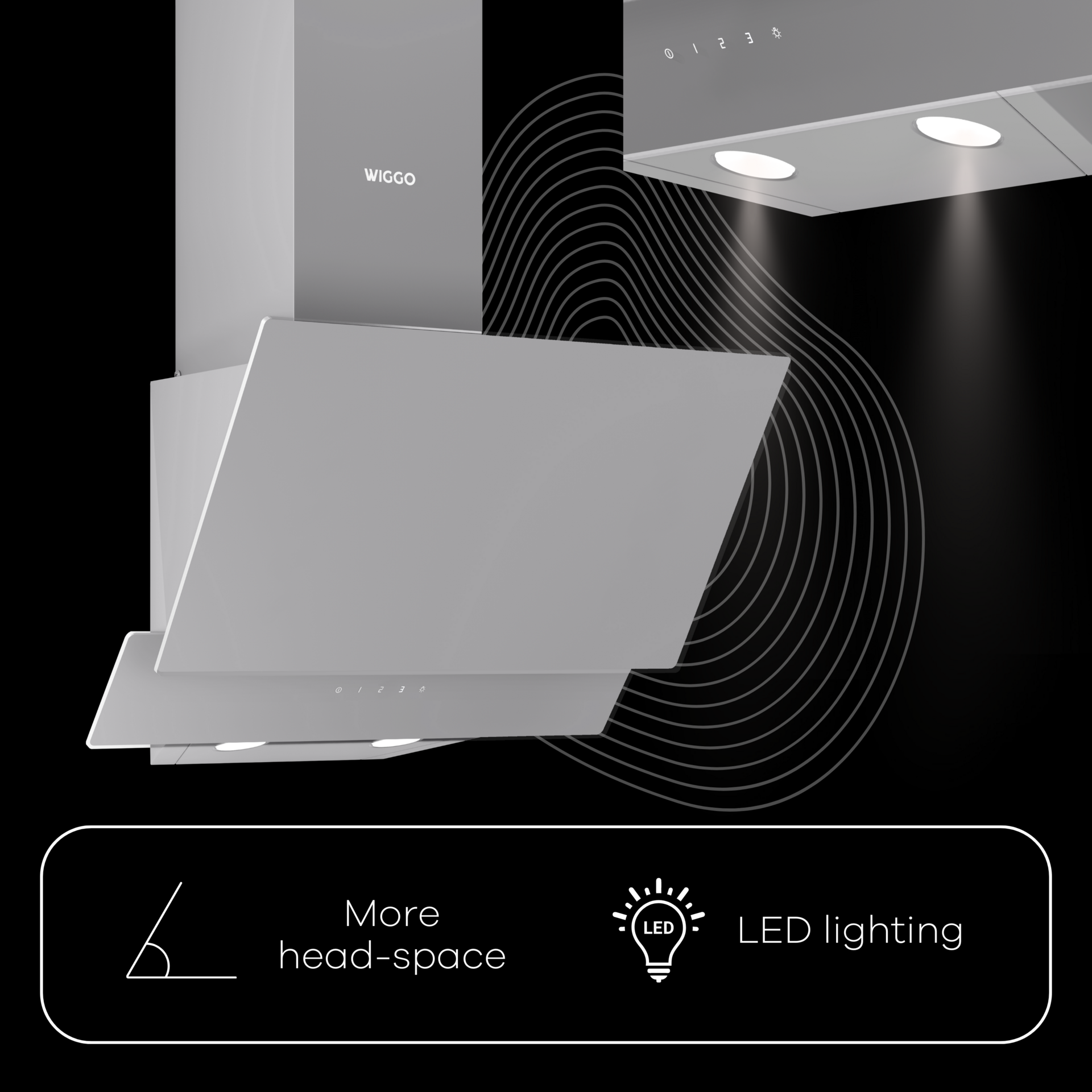 Hotte argentée au design moderne, avec des accents lumineux. Texte : Plus d'espace, éclairage LED.