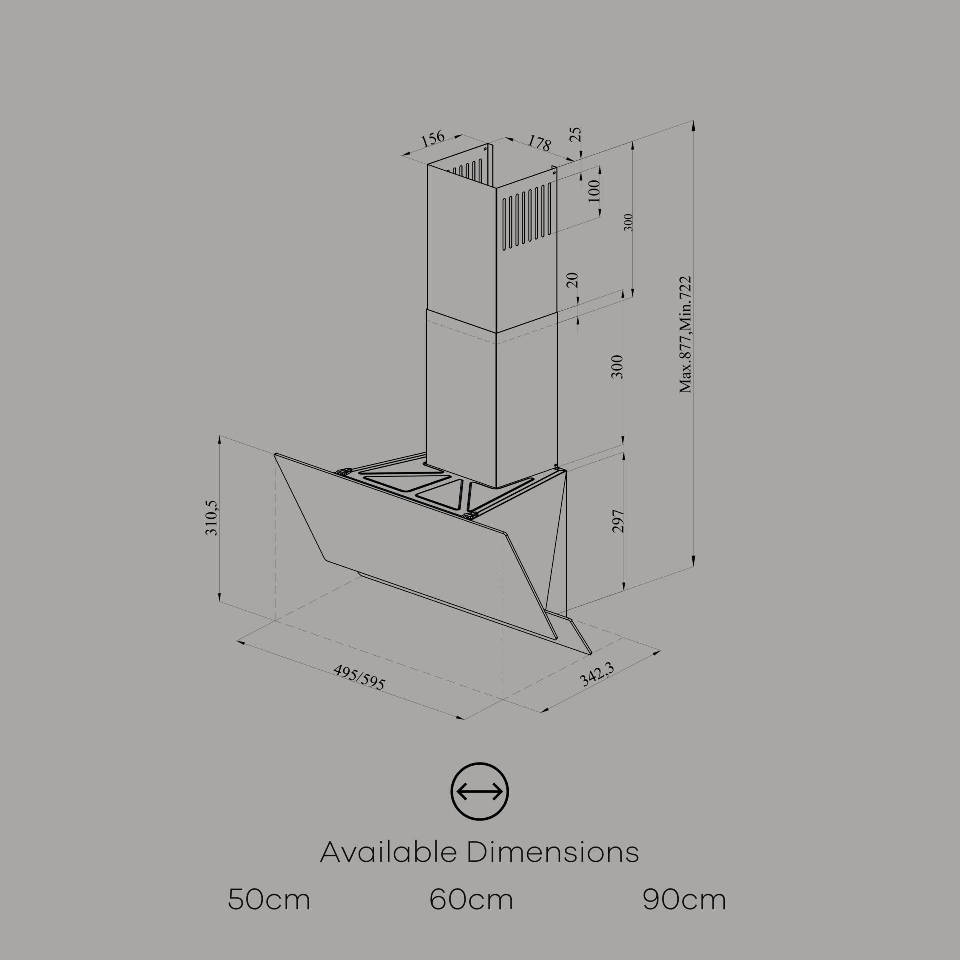 Dessin technique d'une hotte de cuisine avec dimensions. Fond gris.