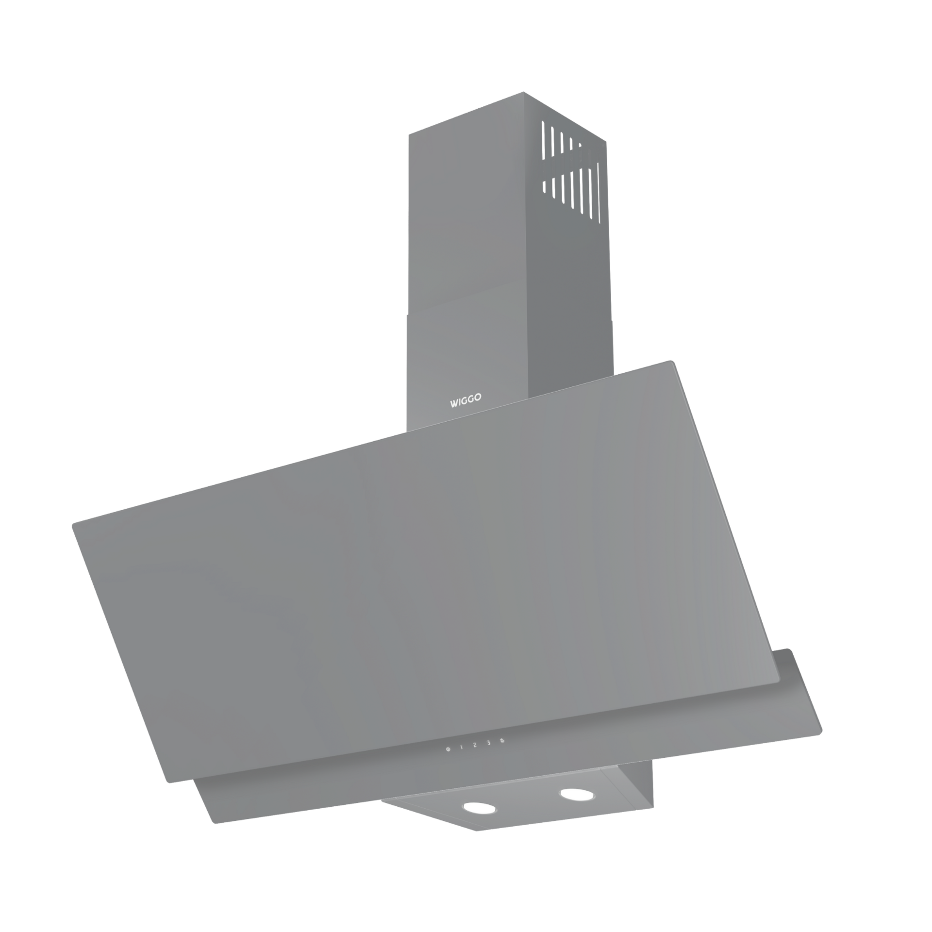 Hotte de cuisine grise moderne au design minimaliste. Elle possède des boutons de commande en dessous.