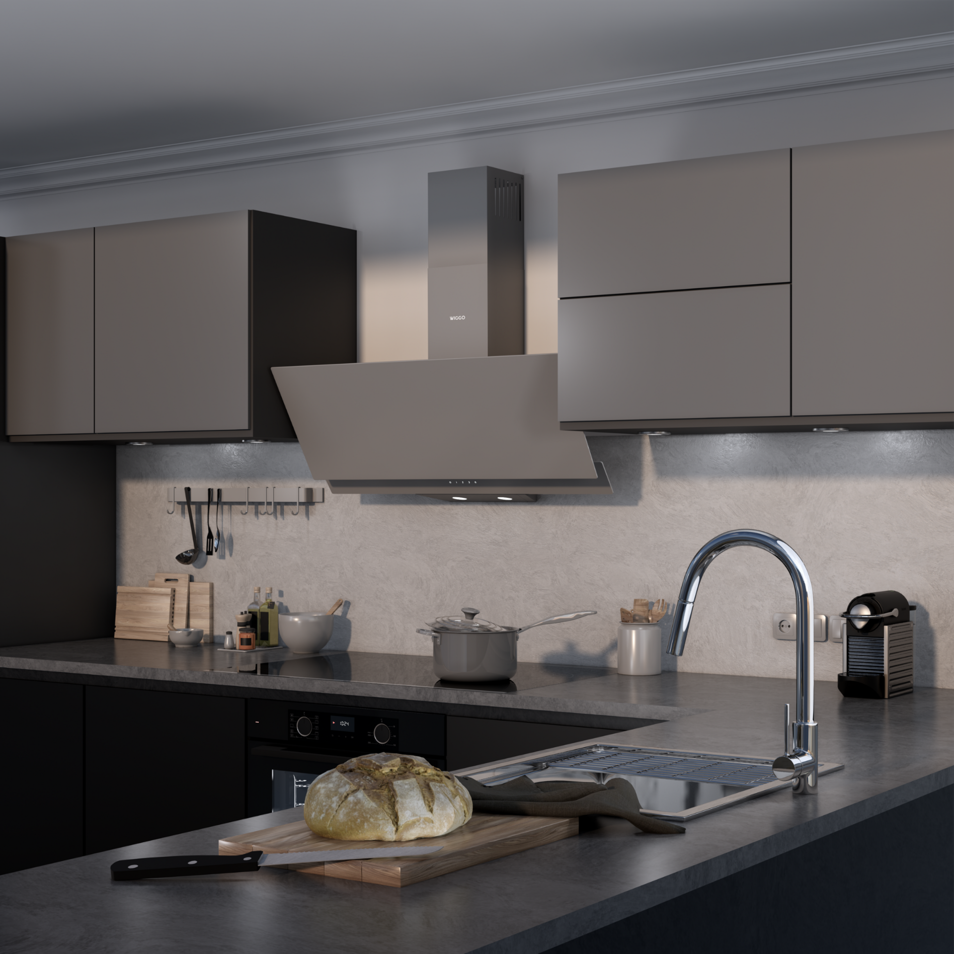 Cuisine moderne avec placards gris, robinet inox et pain sur une planche à découper.