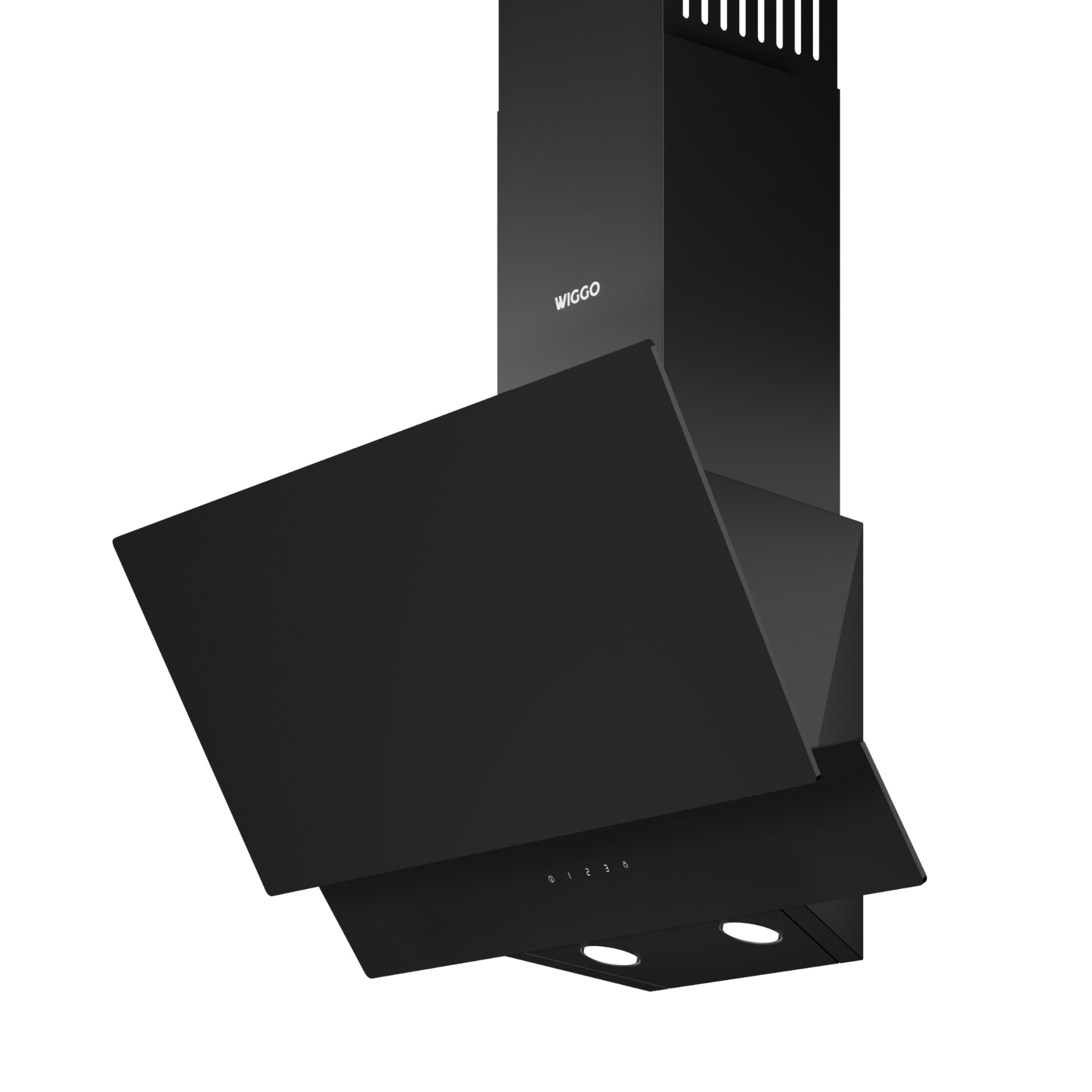 Black range hood with angled panels, lights, and brand name 'Wiggo' on a white background.