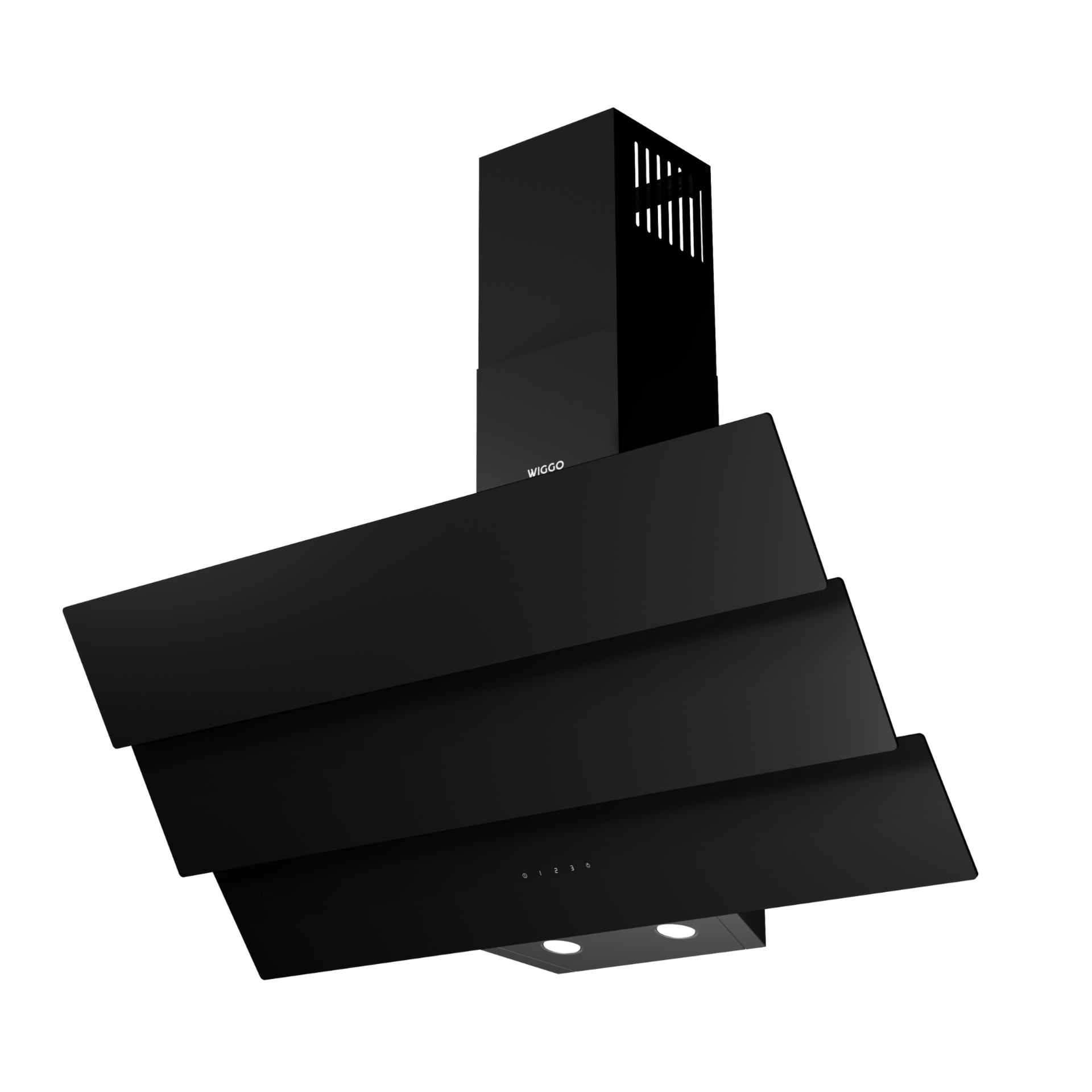 Black kitchen hood with a modern design. The brand name WIGGO is visible.