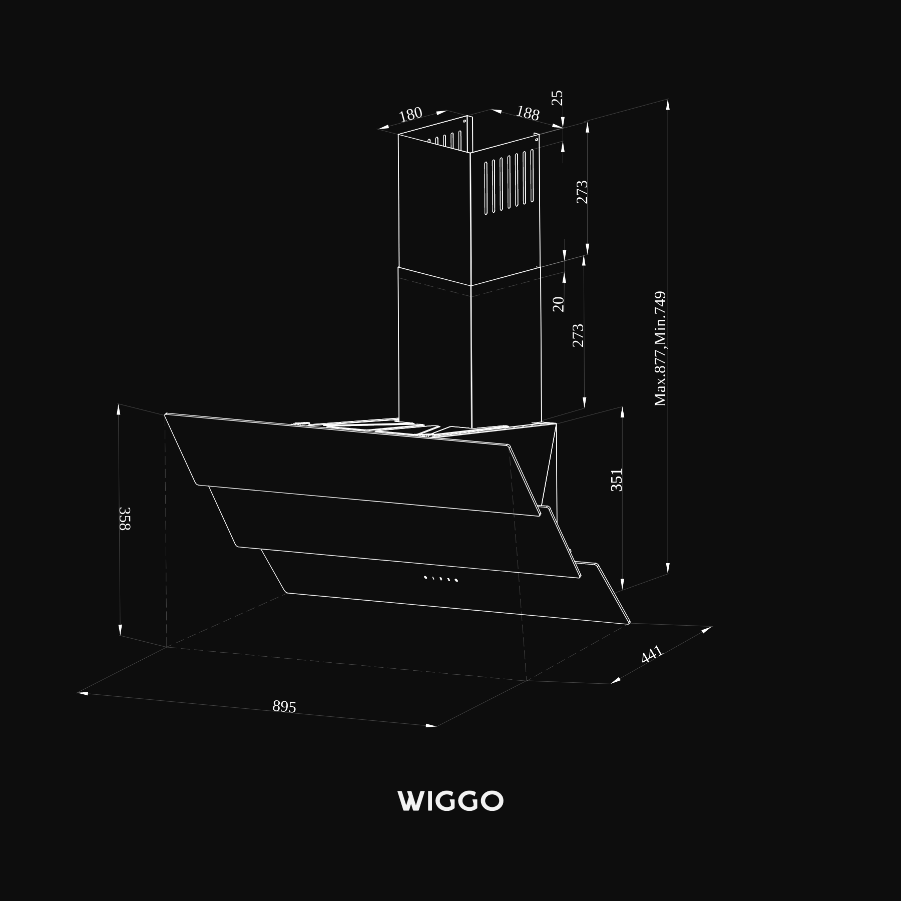 Dessin technique d'une hotte de cuisine WIGGO avec dimensions et mesures.