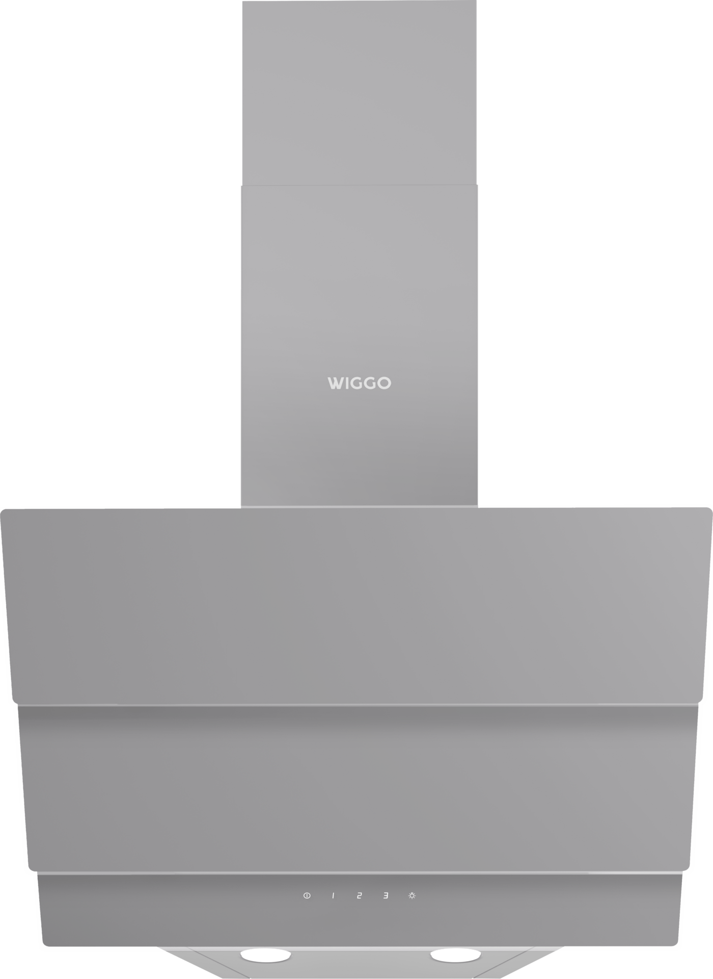 Gray Wiggo range hood, angled view.  Lights and buttons visible. Black background.