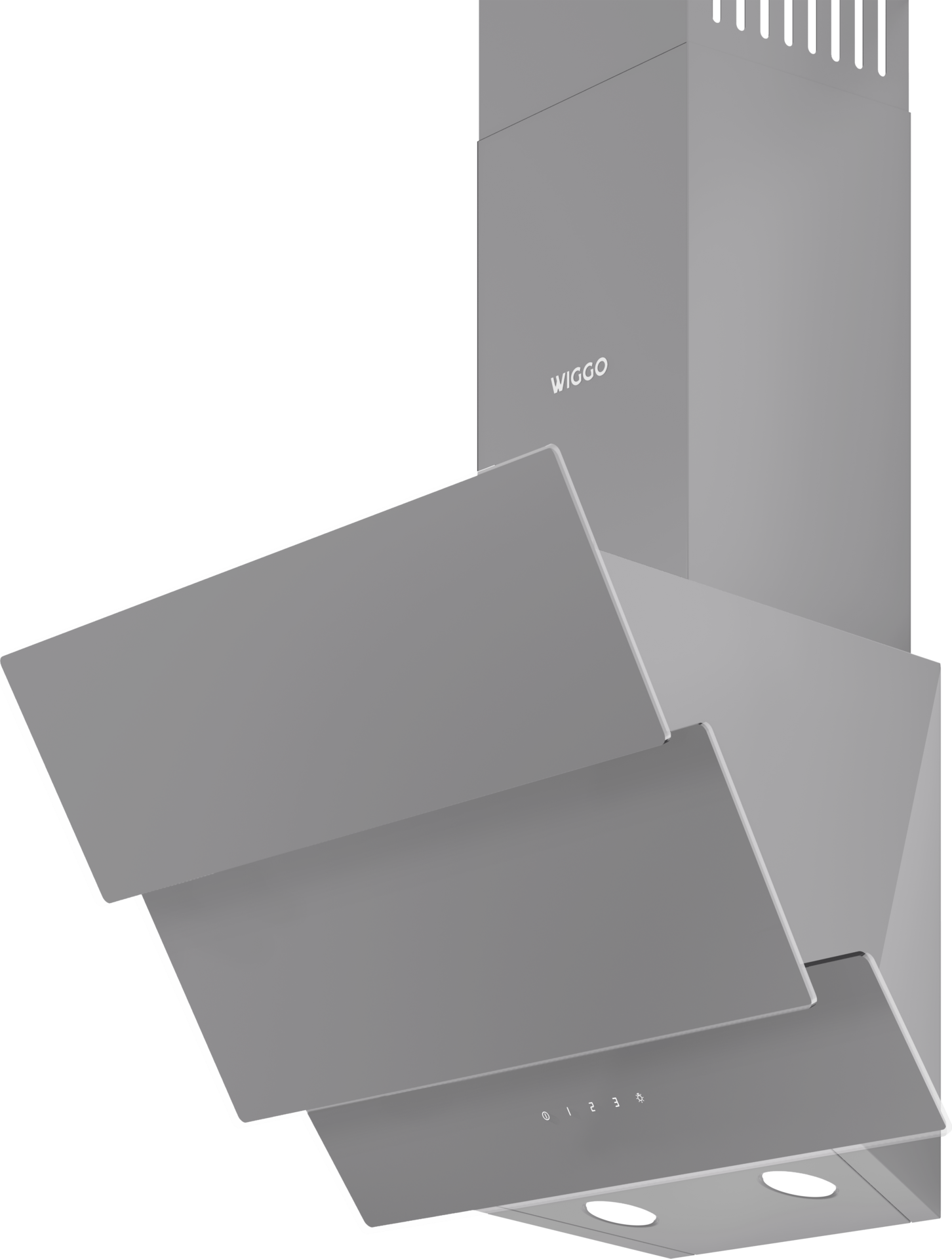 Grey kitchen hood, with three angled panels. The hood is against a black background.