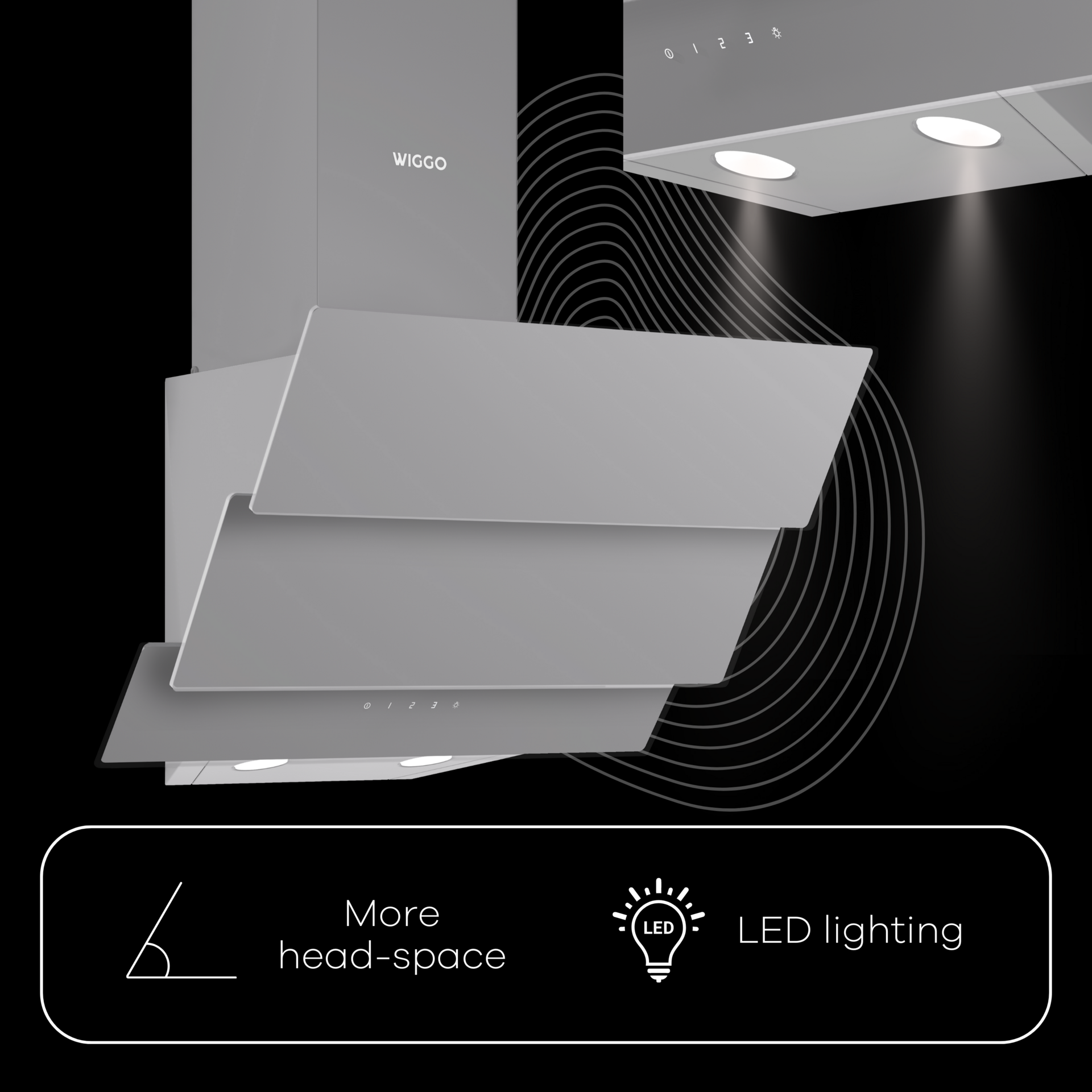 Küche mit modernem Haubendesign und LED-Beleuchtung, mit Kopffreiheit.