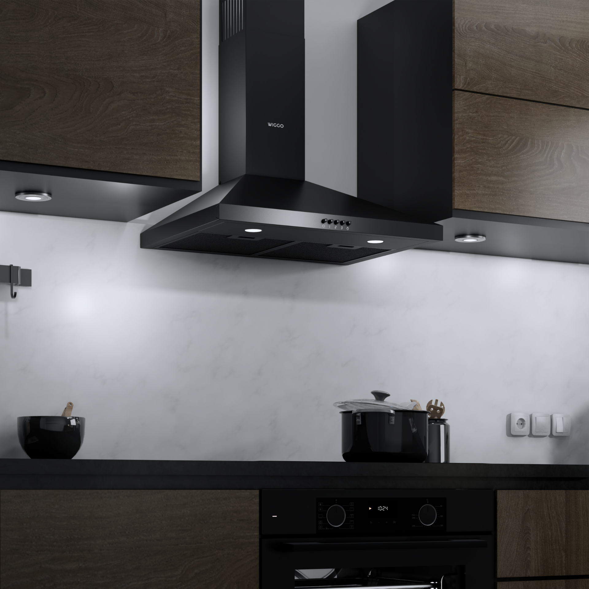 Keuken scène. Zwarte Wiggo afzuigkap. Donkere kasten, pot, kom, oven. Witte marmeren muur.